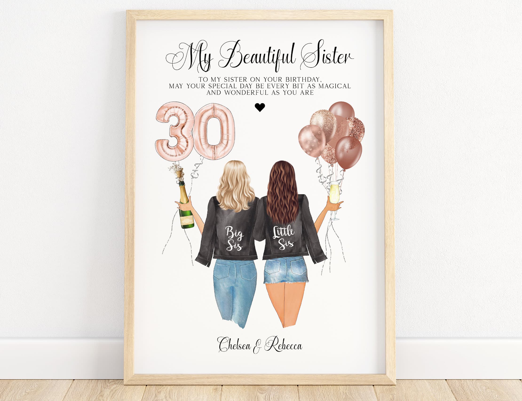 30th birthday gift for sister, sister birthday print, best friend print, birthday illustration, personalised birthday present, 3 sisters