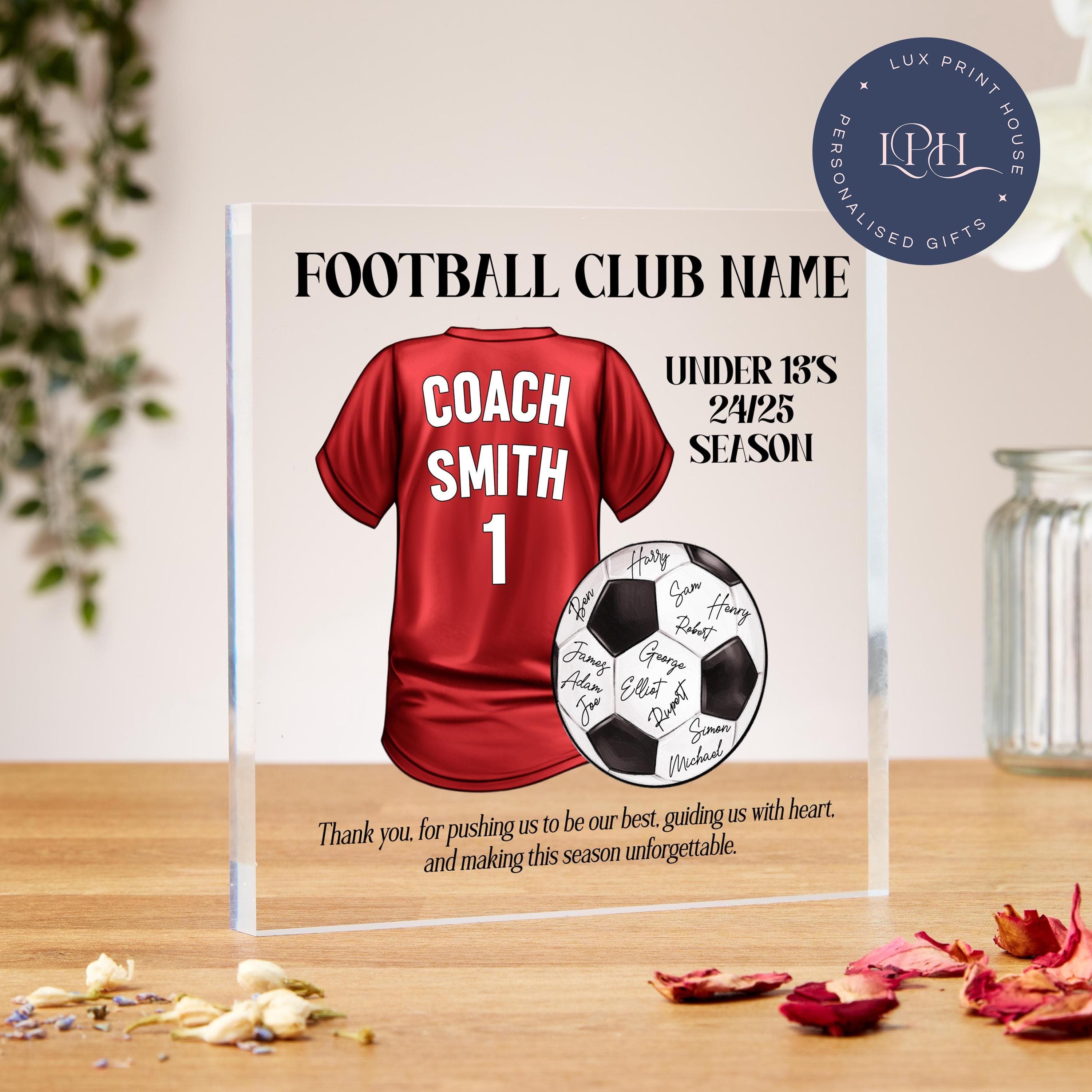 Football team gifts, thank you coach acrylic block, sports team, football manager gift, football shirt, end of season, coach appreciation