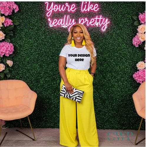 Christian T-Shirt Mockup for Faith Brands | Black Woman Bright Outfit Mockup