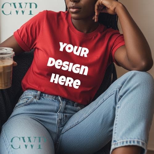Red T-Shirt Mockup | Female Model, Boho Coffee Style (Digital Download)