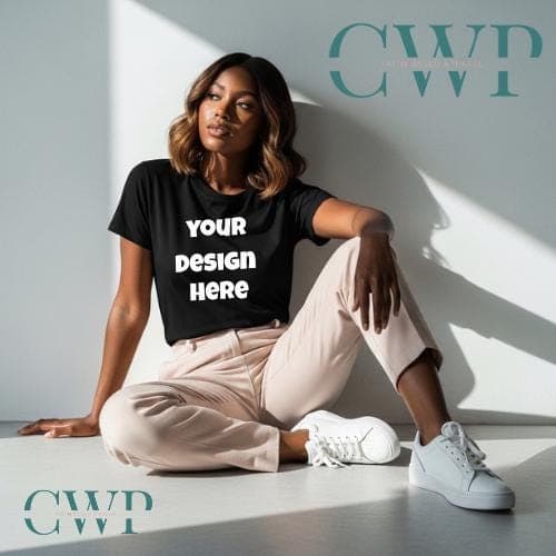 Black T-Shirt Mockup | Female Model, Boho Studio Style (Digital Download)