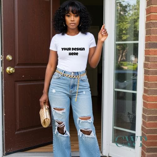 Christian T-Shirt Mockup for Faith Brands | Black Woman Casual Outfit Mockup