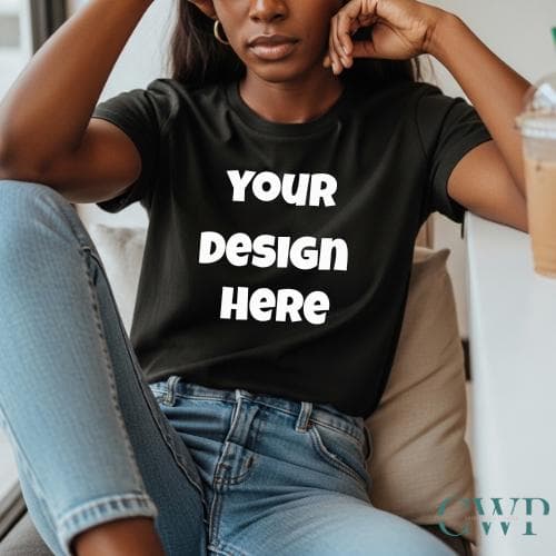 Black T-Shirt Mockup | Female Model Lifestyle (Digital Download)
