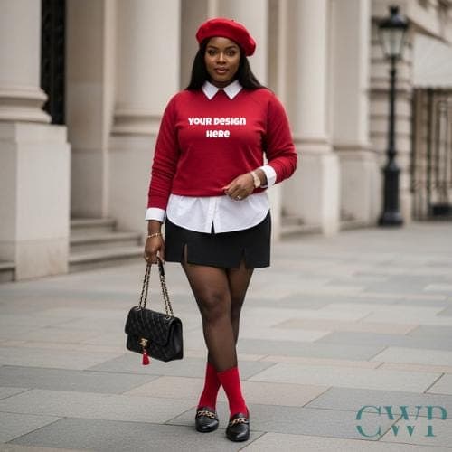Black Woman Red Sweatshirt Mockup | Preppy Outfit Lifestyle (Digital Download)