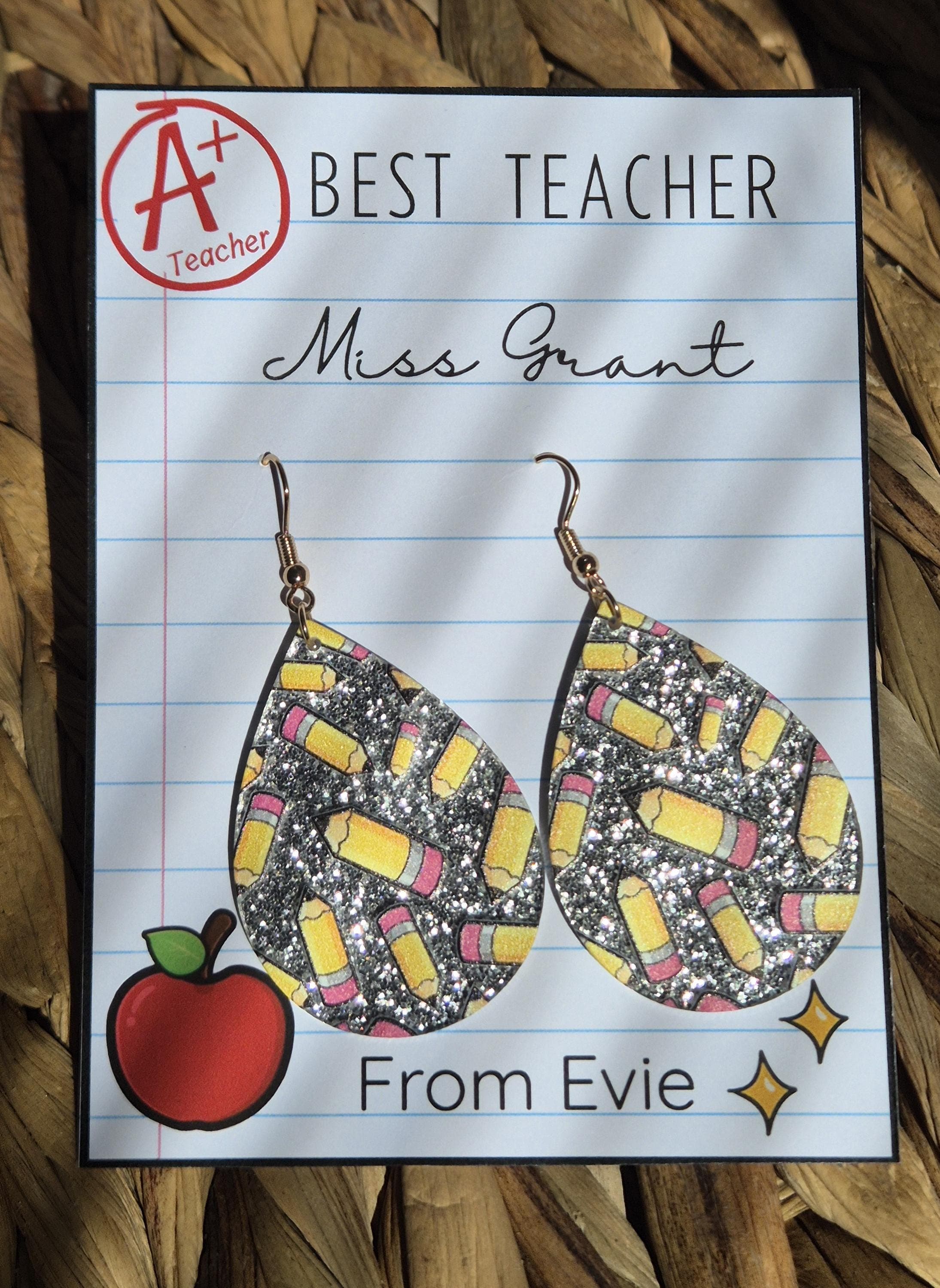 Personalized Teacher Earrings: Acrylic Pencil Design, End of Term Gift