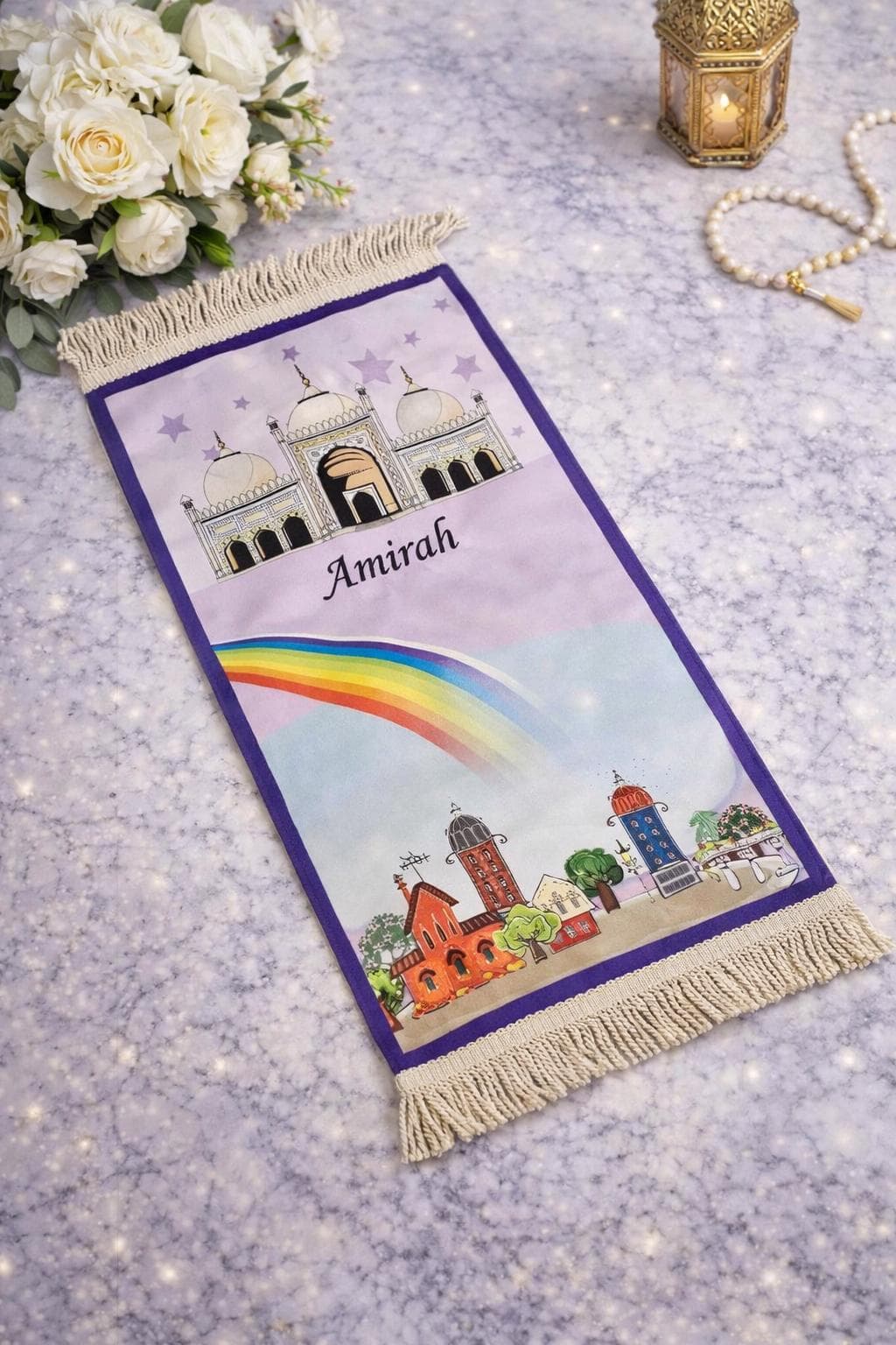 Personalised Baby & Toddler Prayer Mat – Islamic Kids Prayer Rug with Mosque Print Girl Islamic rug