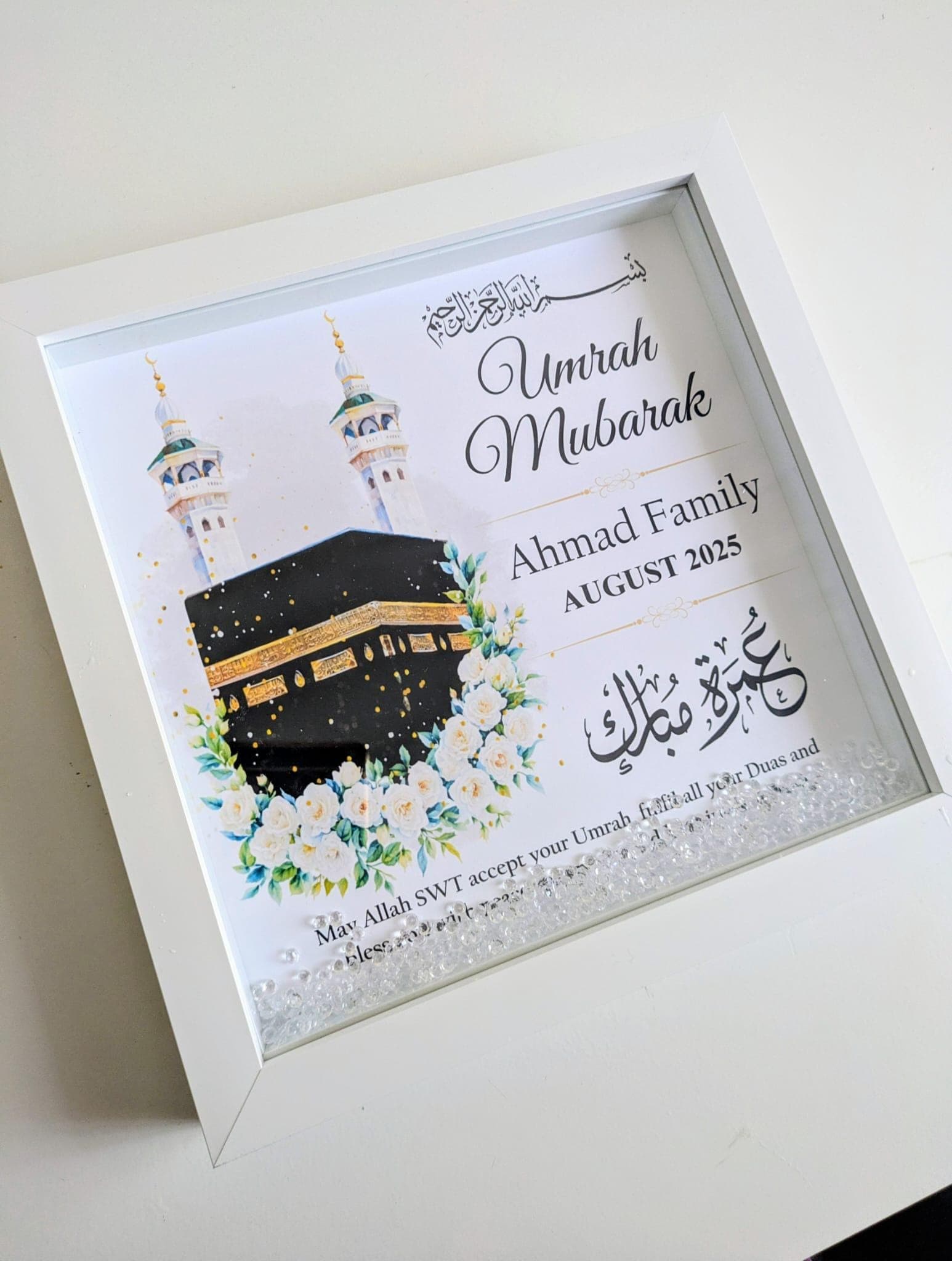 Personalised Umrah Mubarak Frame with Crystals: Islamic Gift