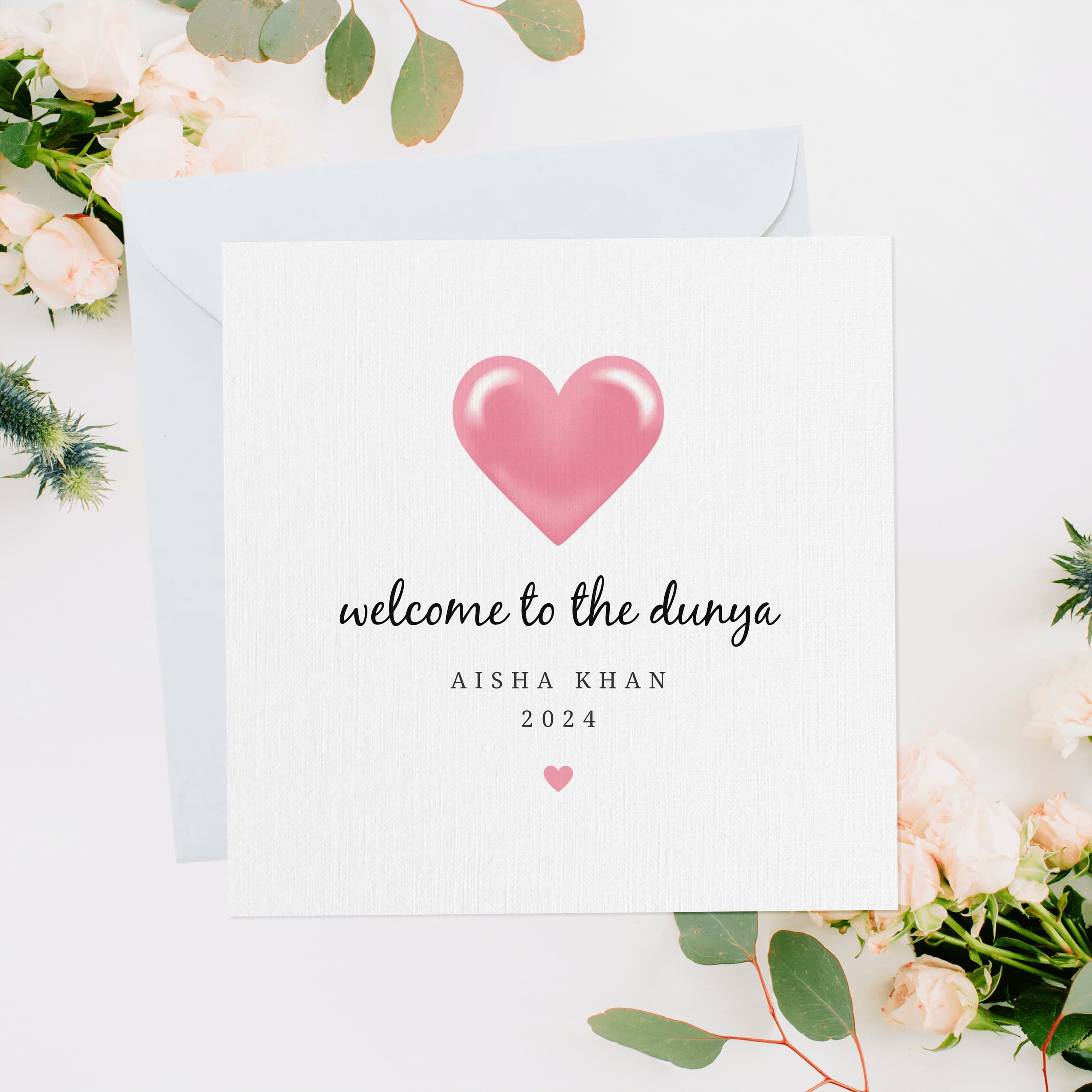 Personalised Welcome To The Dunya Card, New Baby Card, Muslim Newborn, Newborn Baby, Muslim Baby Card, Islamic Baby, Aqeeqah, Cute Heart