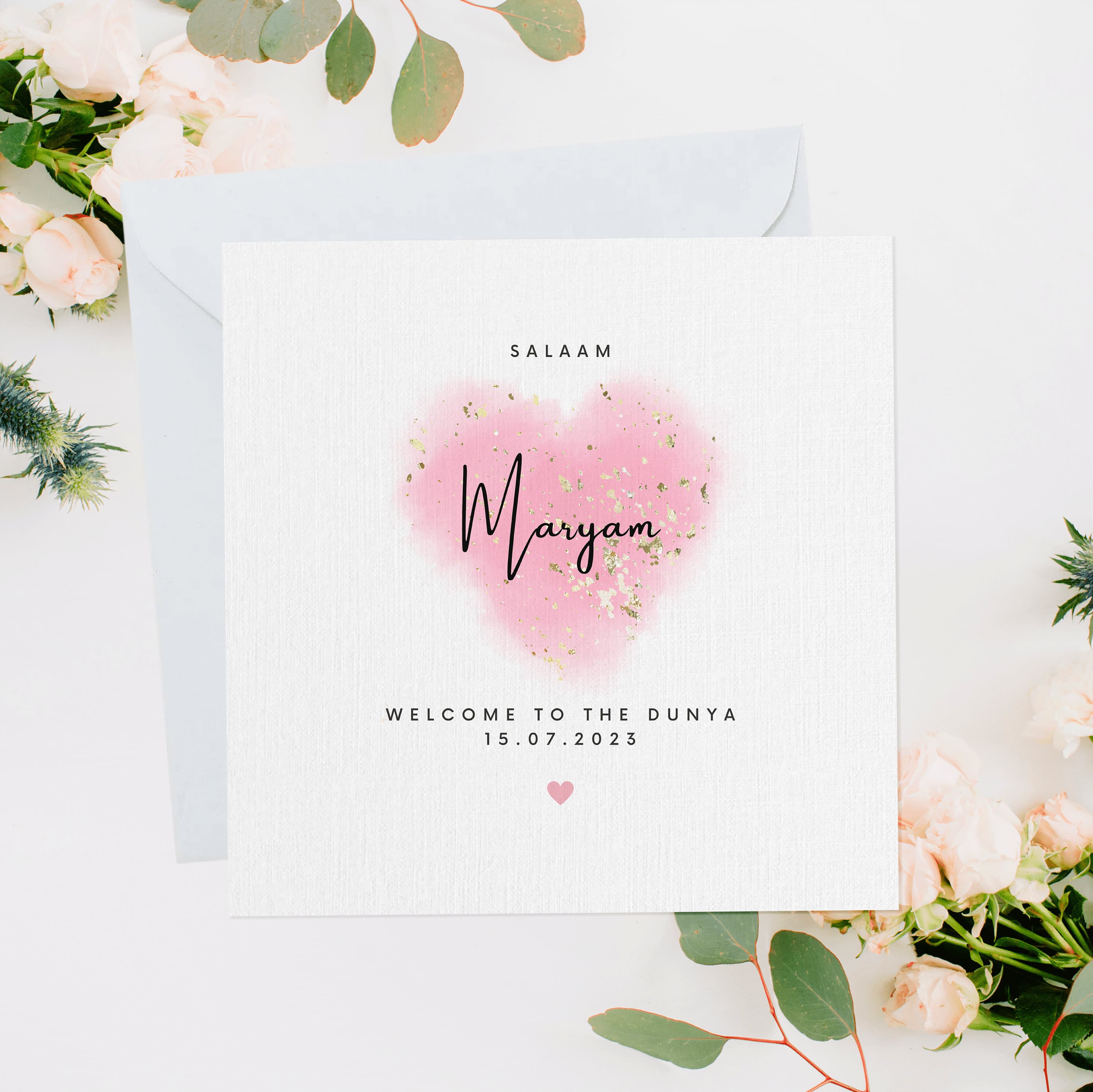 Personalised Welcome To The Dunya Card, New Baby Card, Newborn Card, New Baby Gift, Newborn Baby, Muslim Baby, Islamic Baby, Pink Sparkle