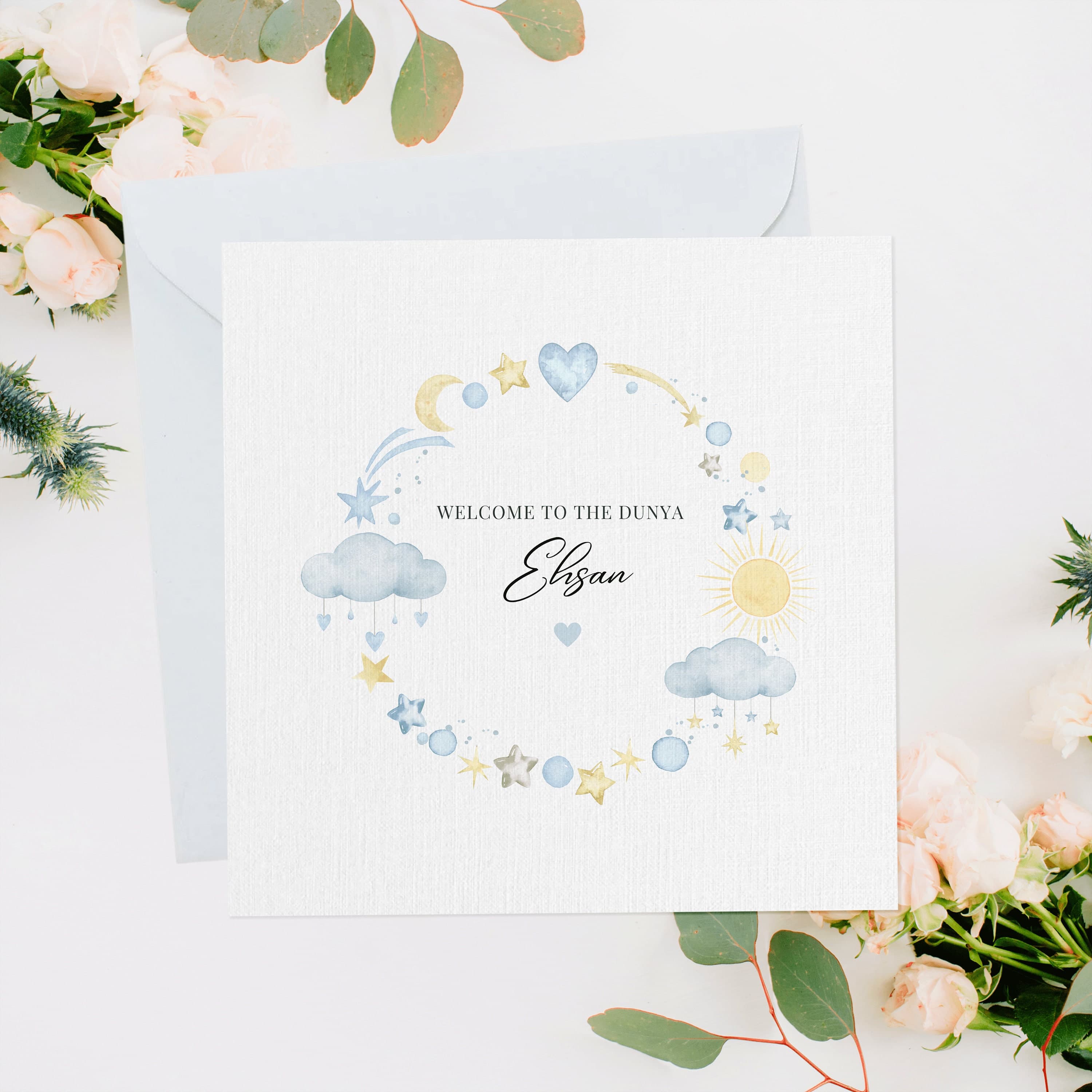 Personalised New Muslim Baby Card, Newborn Card, New Baby Gift, Newborn Baby, Custom Name, New Baby Boy, New Baby Card, Blue Cloud Wreath