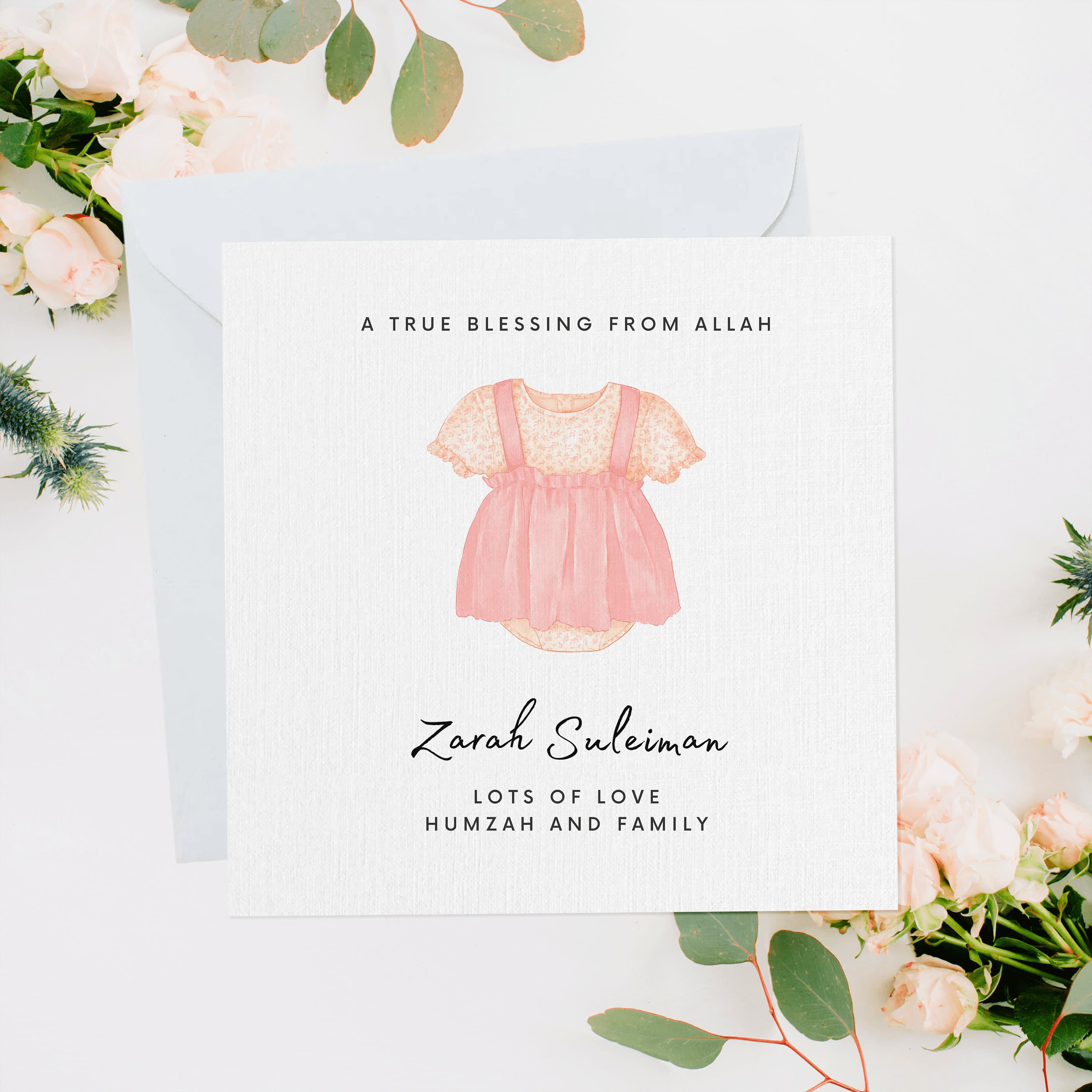 Personalised New Baby Card, Newborn Card, New Baby Gift, Newborn Baby, Custom Name, New Baby Girl, Muslim Baby, Cute Baby Dress, NB023