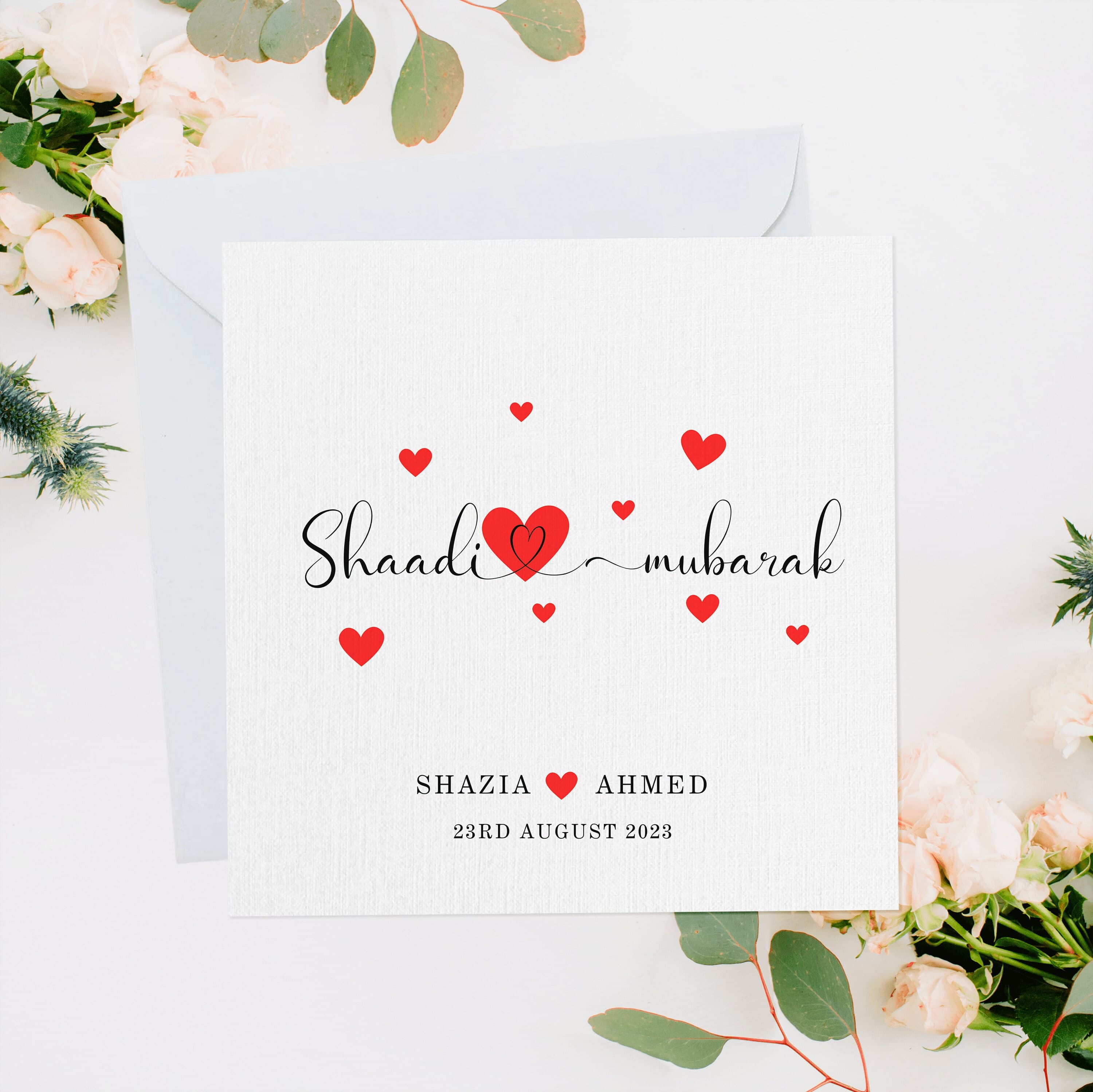 Personalised Shaadi Card, Shaadi Mubarak, Shaadi Gift, Pakistani Wedding Card, Muslim Wedding Gift, Nikkah Gift, Shaadi Decor, Red Hearts