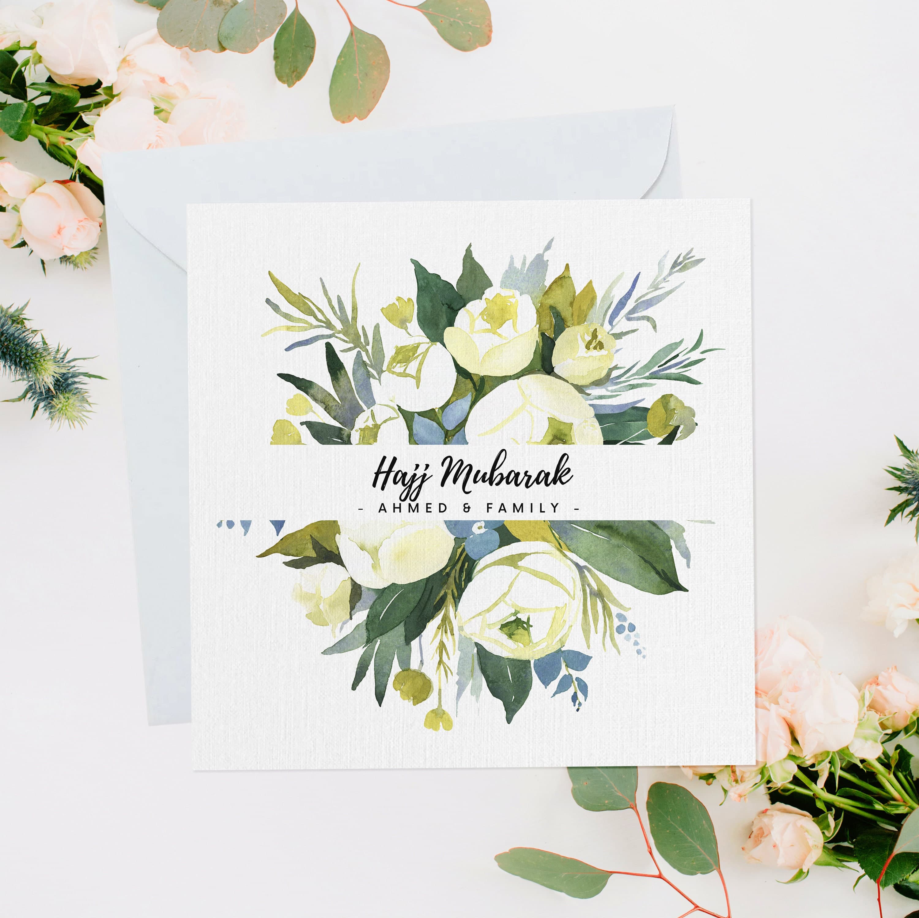 Personalised Hajj Mubarak Greeting Card, Hajj Card, Hajj Gift, Hajj 2026, Umrah, Umrah Mubarak, Hajj Umrah, Watercolour Bouquet, HU005