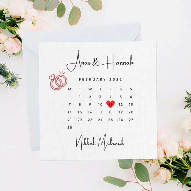 Personalised Nikkah Card, Wedding Card, Nikkah Gift, Nikkah Mubarak, Shaadi Card, Islamic Muslim Wedding, Engagement, Red Calendar Card