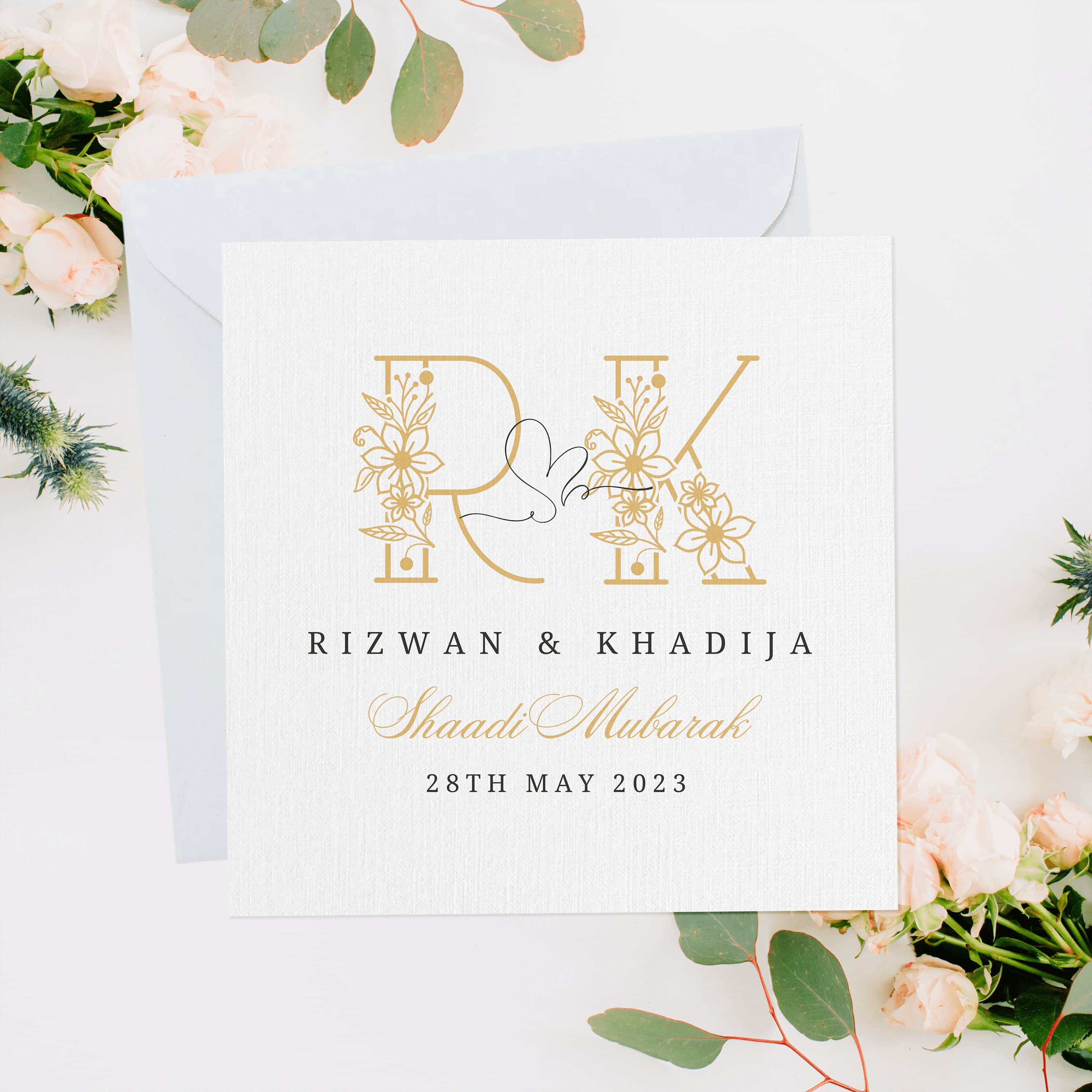 Luxury Shaadi Mubarak Card, Gold Floral Shaadi Initial Card, Nikkah Gift, Nikkah Card, Shaadi Card, Islamic Wedding, Personalised Shaadi