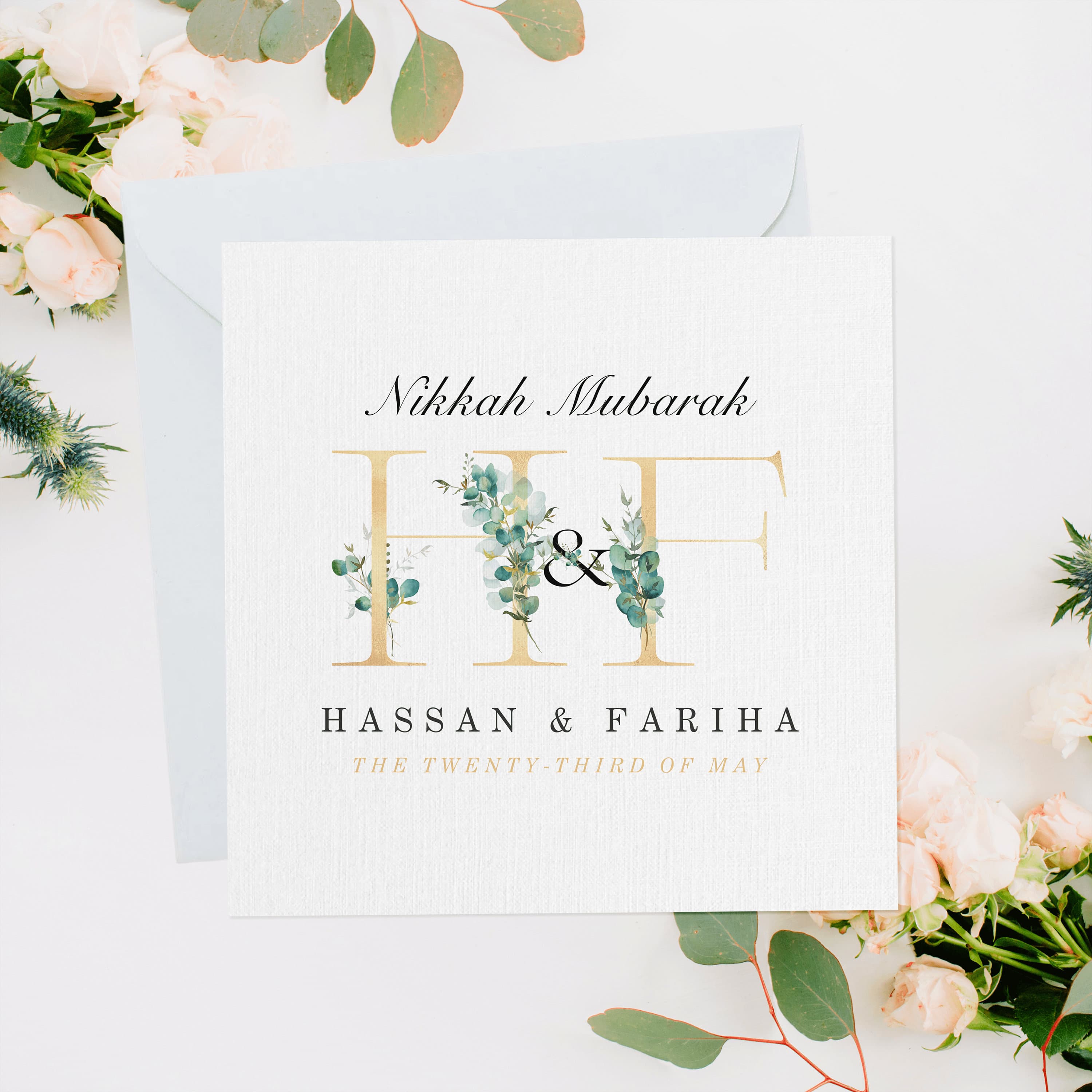 Nikkah Mubarak Card, Gold Initial Wedding Card, Nikkah Gift, Nikkah Mubarak Card, Shaadi Card, Islamic Wedding, Personalised Muslim Wedding