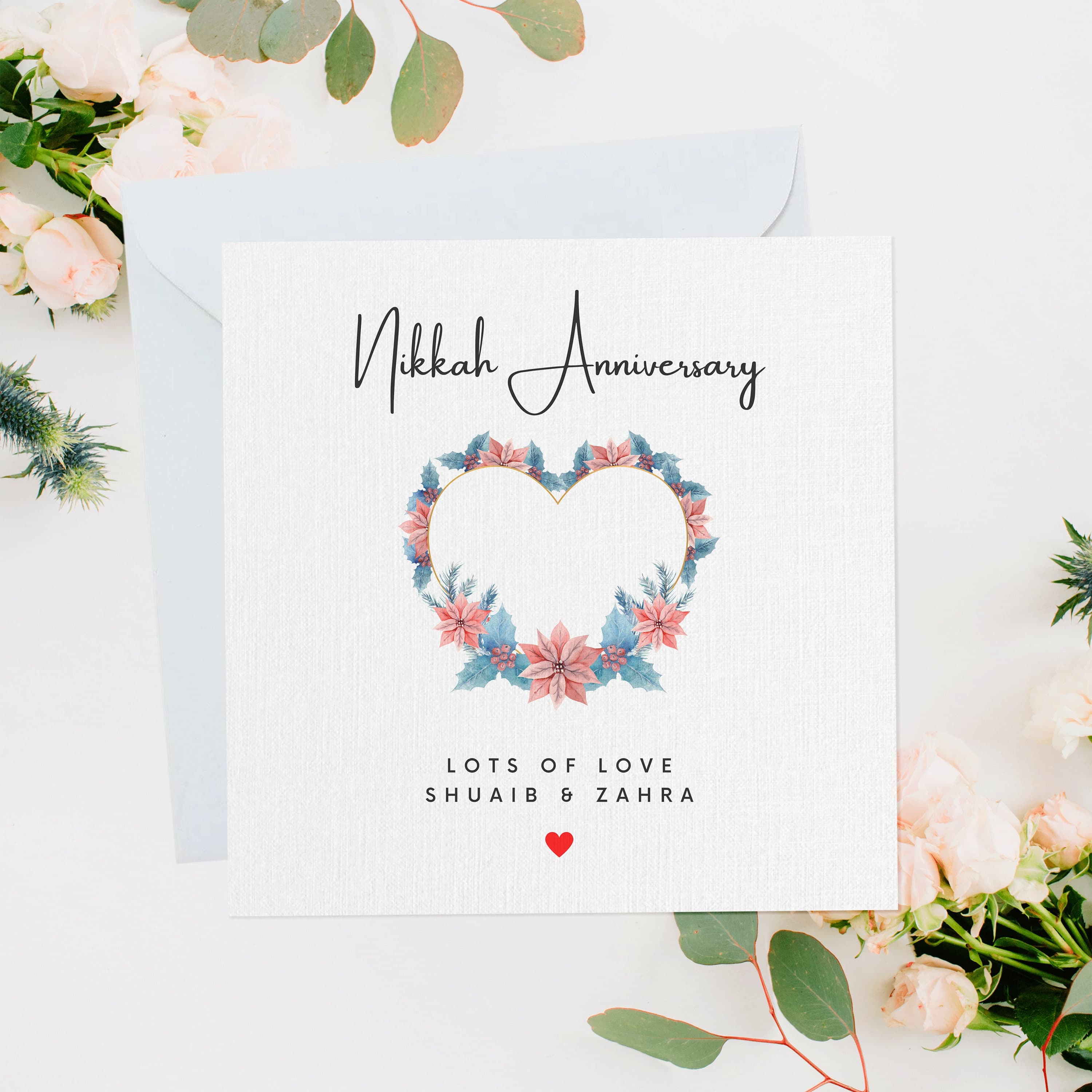 Personalised Anniversary Mubarak Card, Heart of Flowers, Happy Anniversary Card, Nikkah Anniversary, Muslim Couple, Husband and Wife, AM005