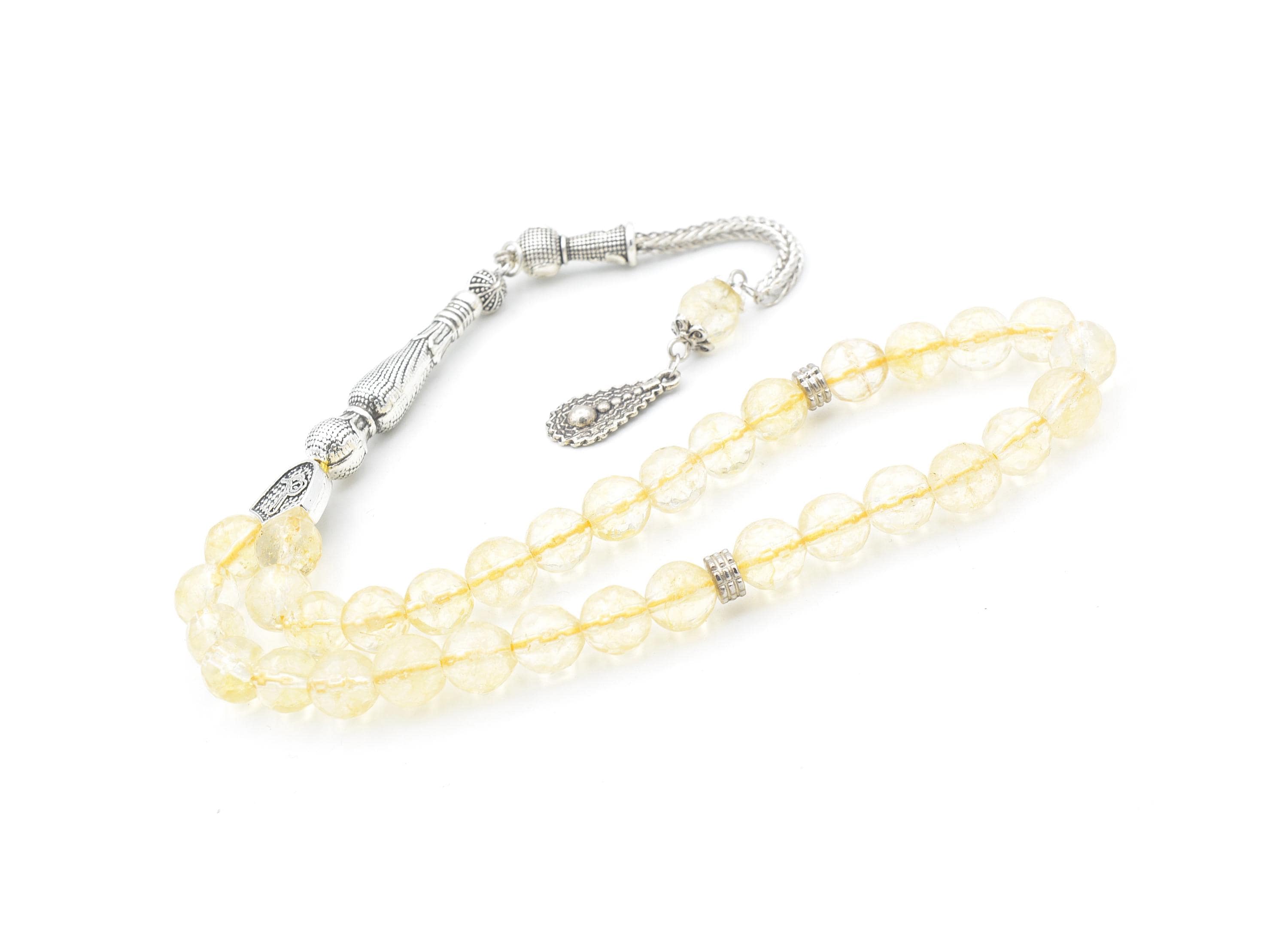 Faceted Citrine Prayer Beads, Silver Plated Tassel, 33 Beads