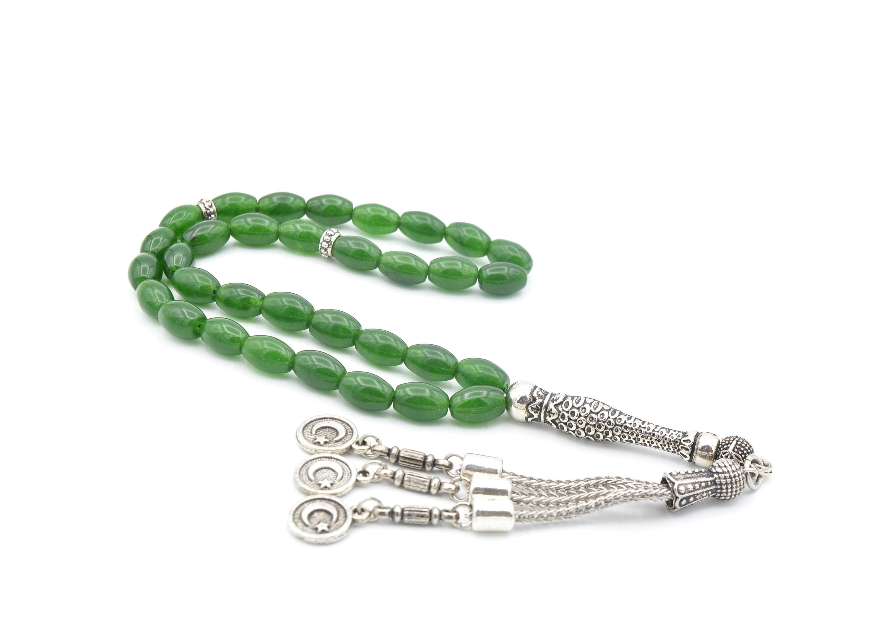Jade Prayer Beads: 33-Bead Islamic Tasbih with Silver Tassel