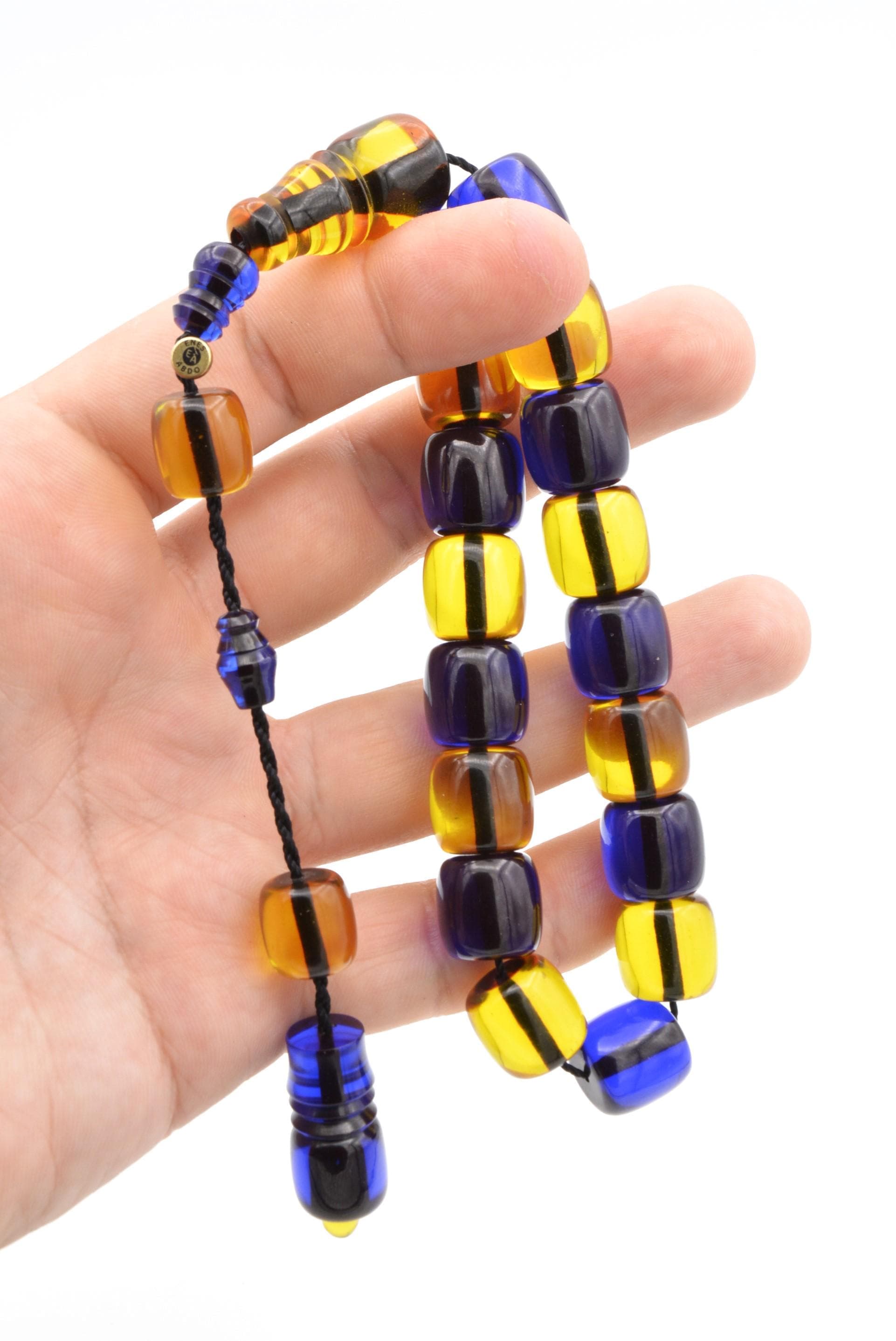 Colorful Tightening Amber 17 Beads Mascot Tasbih, Misbaha, Fan Rosary, Tasbeeh, Prayer Beads, Tesbih, Sibha, Yellow Dark Blue, Yellow Red - image 5