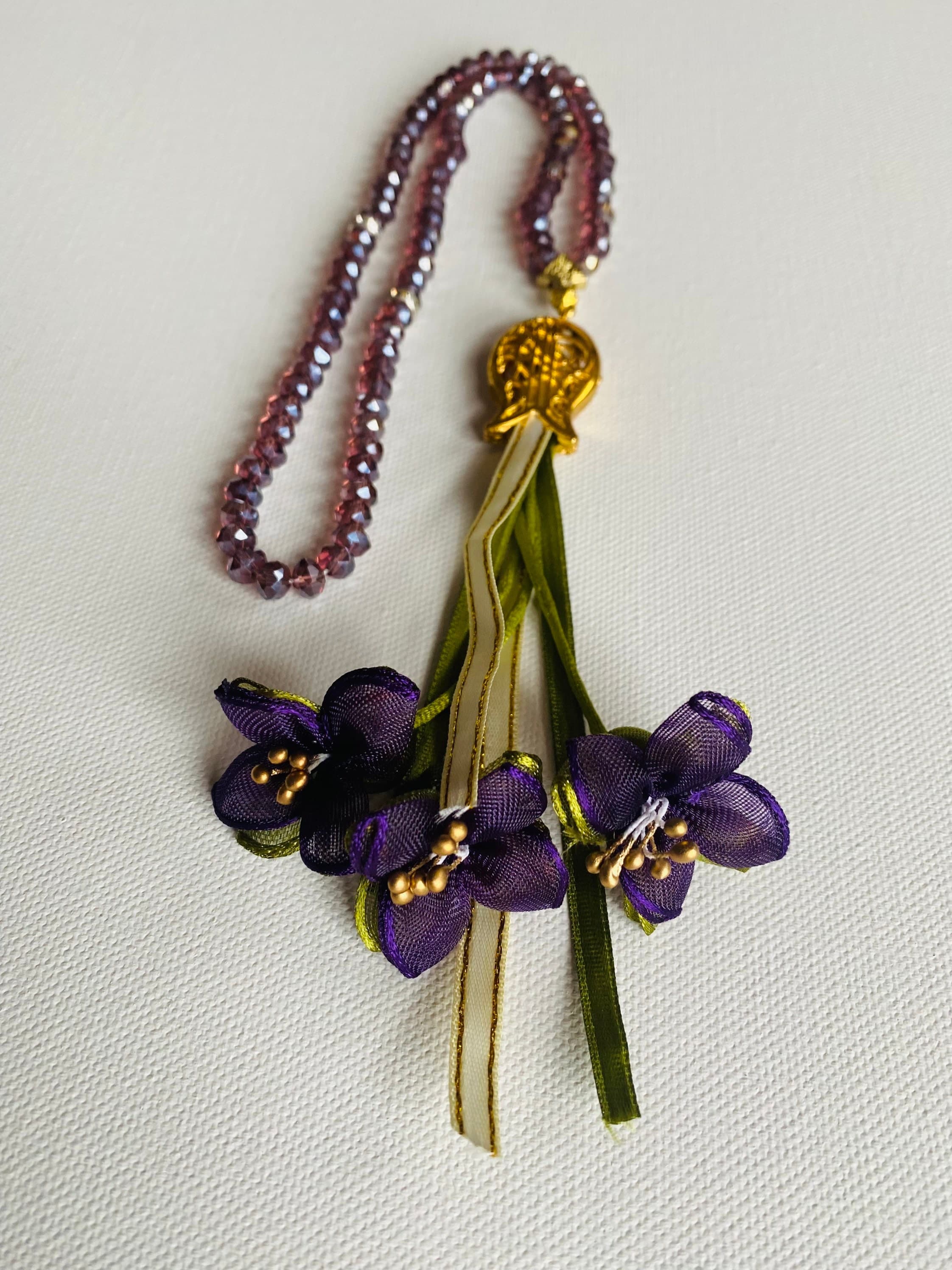 Handcrafted Crystal Prayer Beads | Islamic Gift with Needle Lace Flower