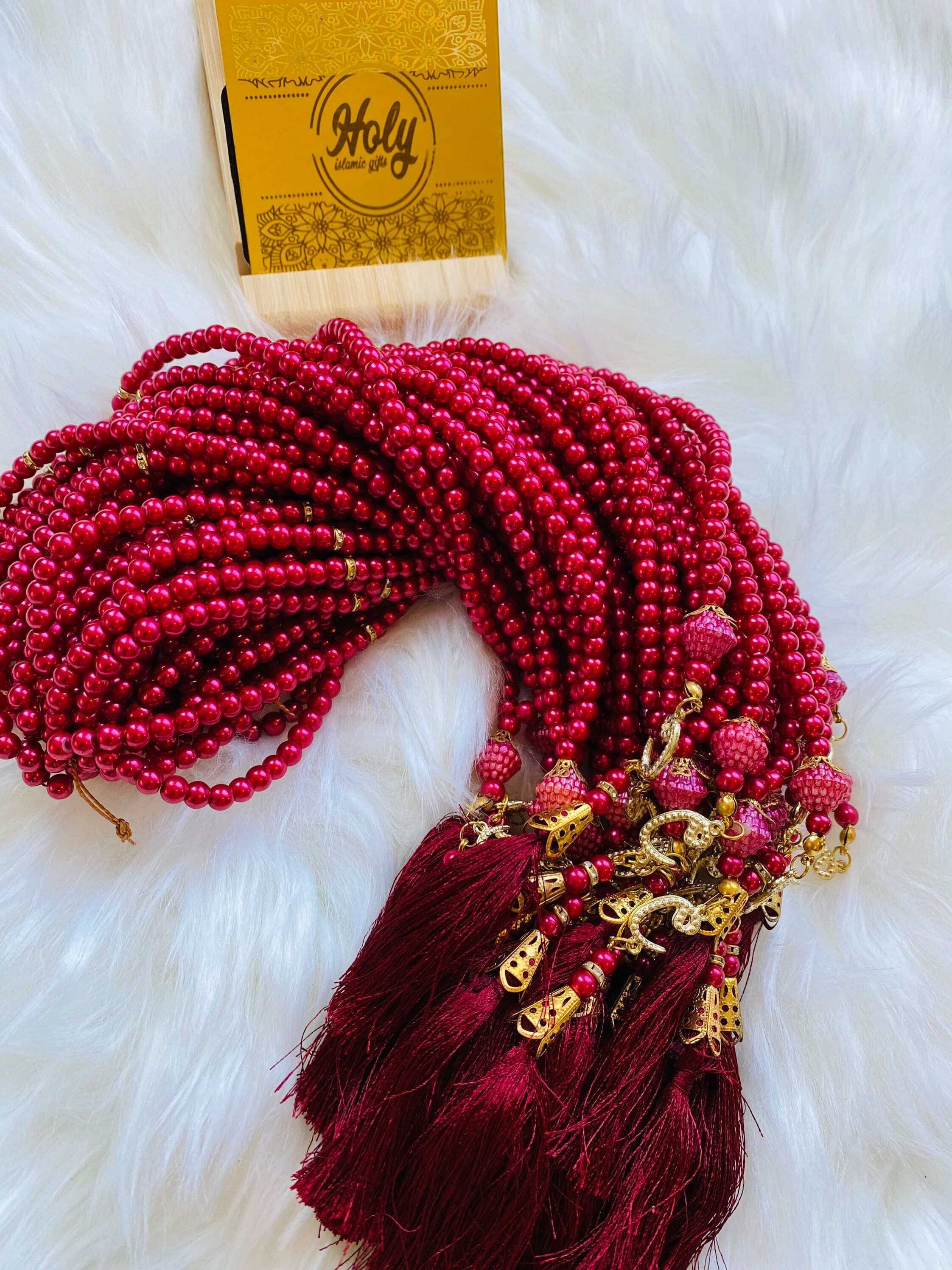 Red Pearl Tasbeeh 99 Beads with Swarovski Stone & Tassel - image 5