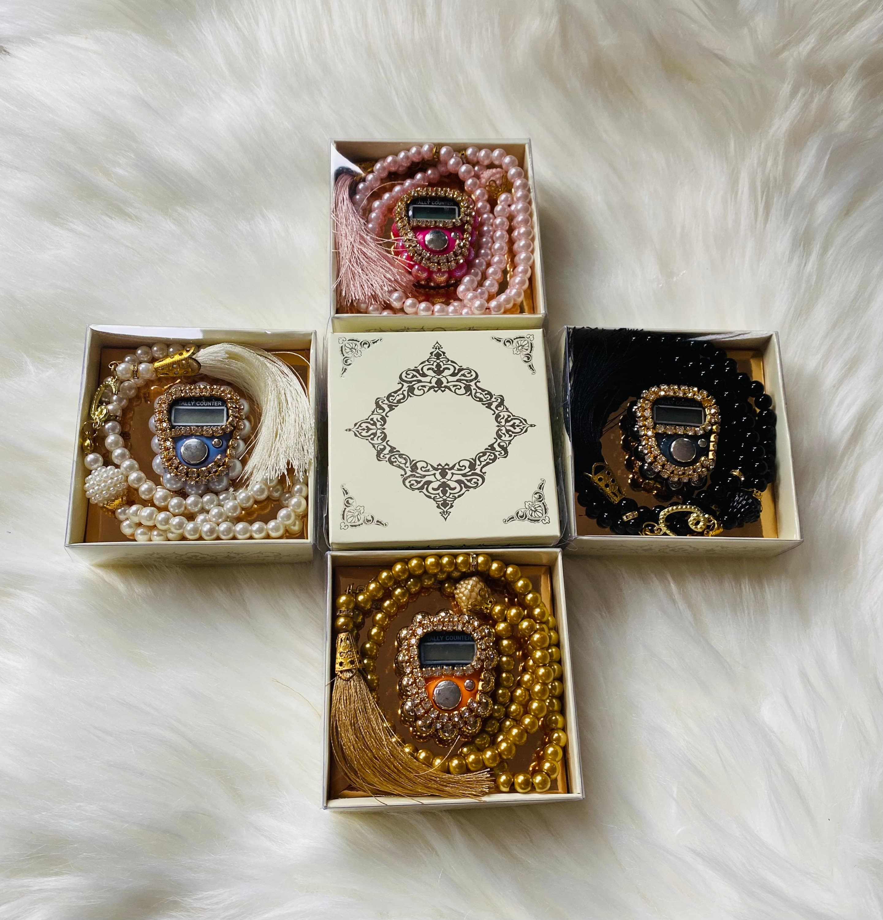 Pearl Tasbeeh Prayer Beads with Digital Finger Counter - Islamic Gift Box
