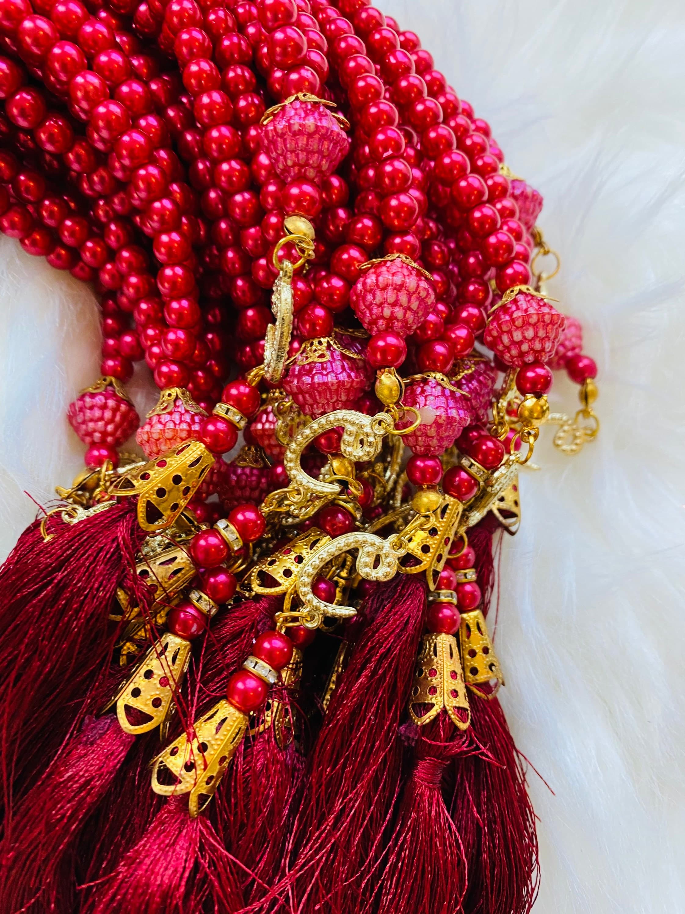 Red Pearl Tasbeeh 99 Beads with Swarovski Stone & Tassel - image 3