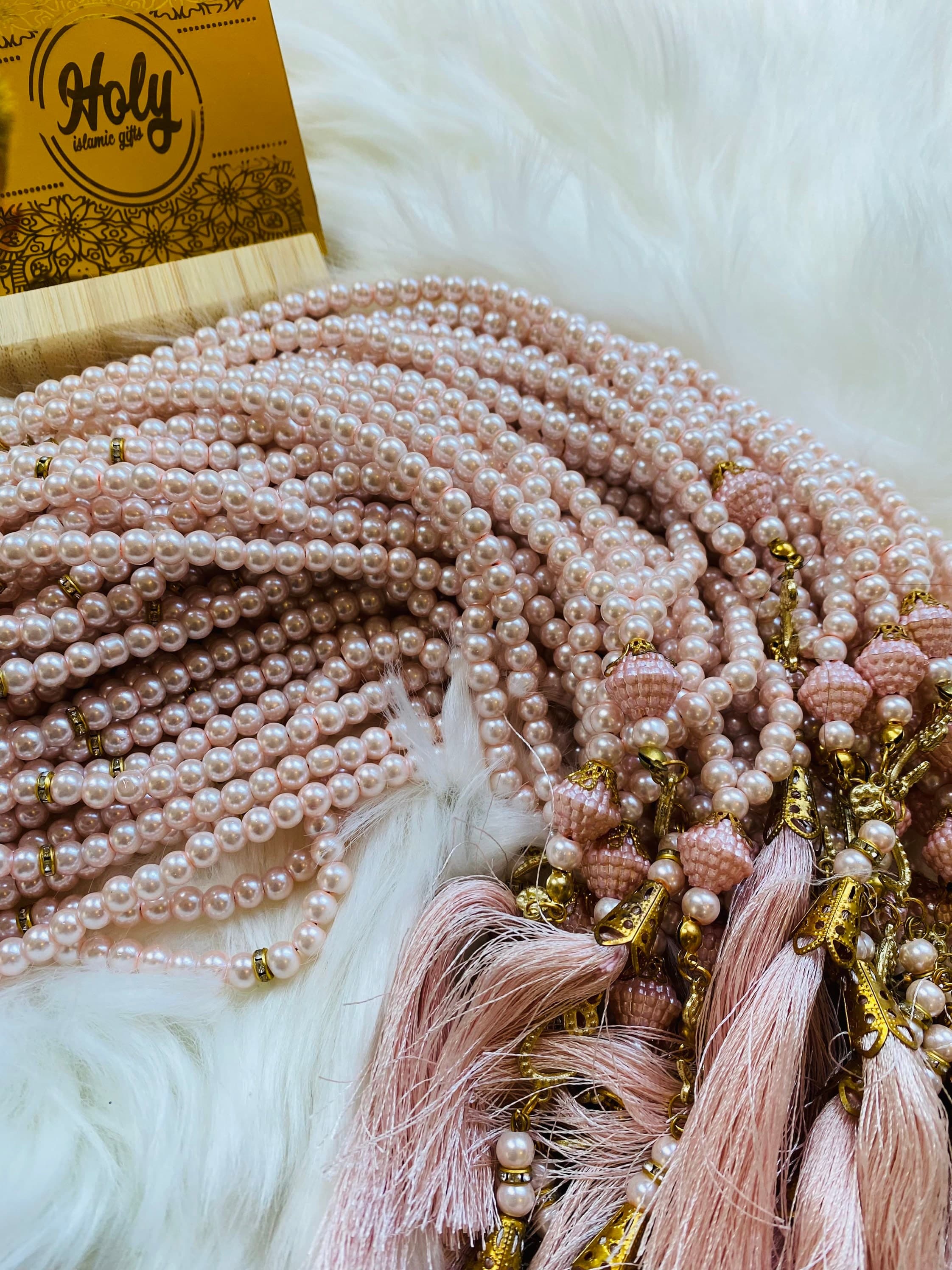 Pink Pearl 99 Bead Tasbeeh: Islamic Prayer Beads with Swarovski Stone