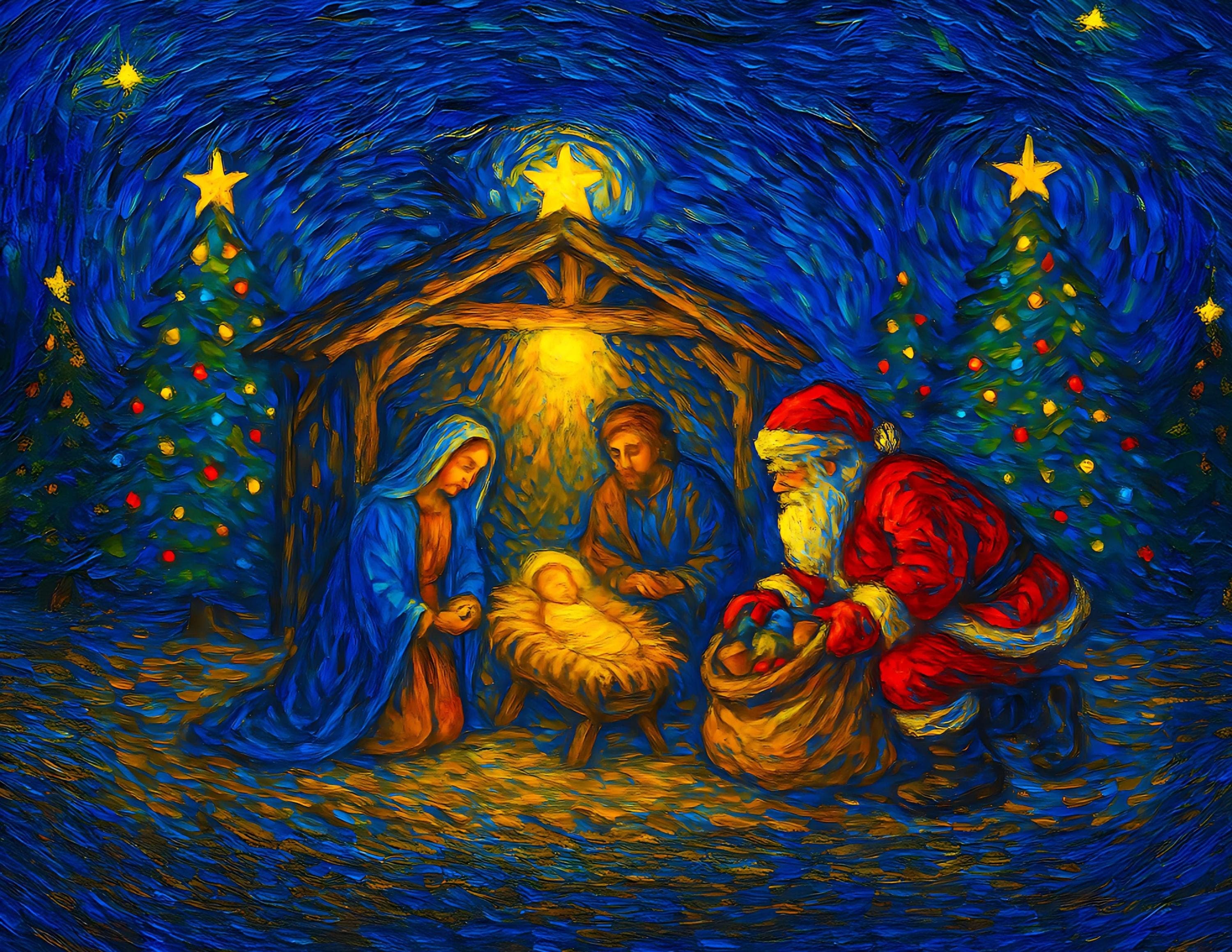 Santa at Nativity Scene Print | Christian Christmas Art (Digital Download)