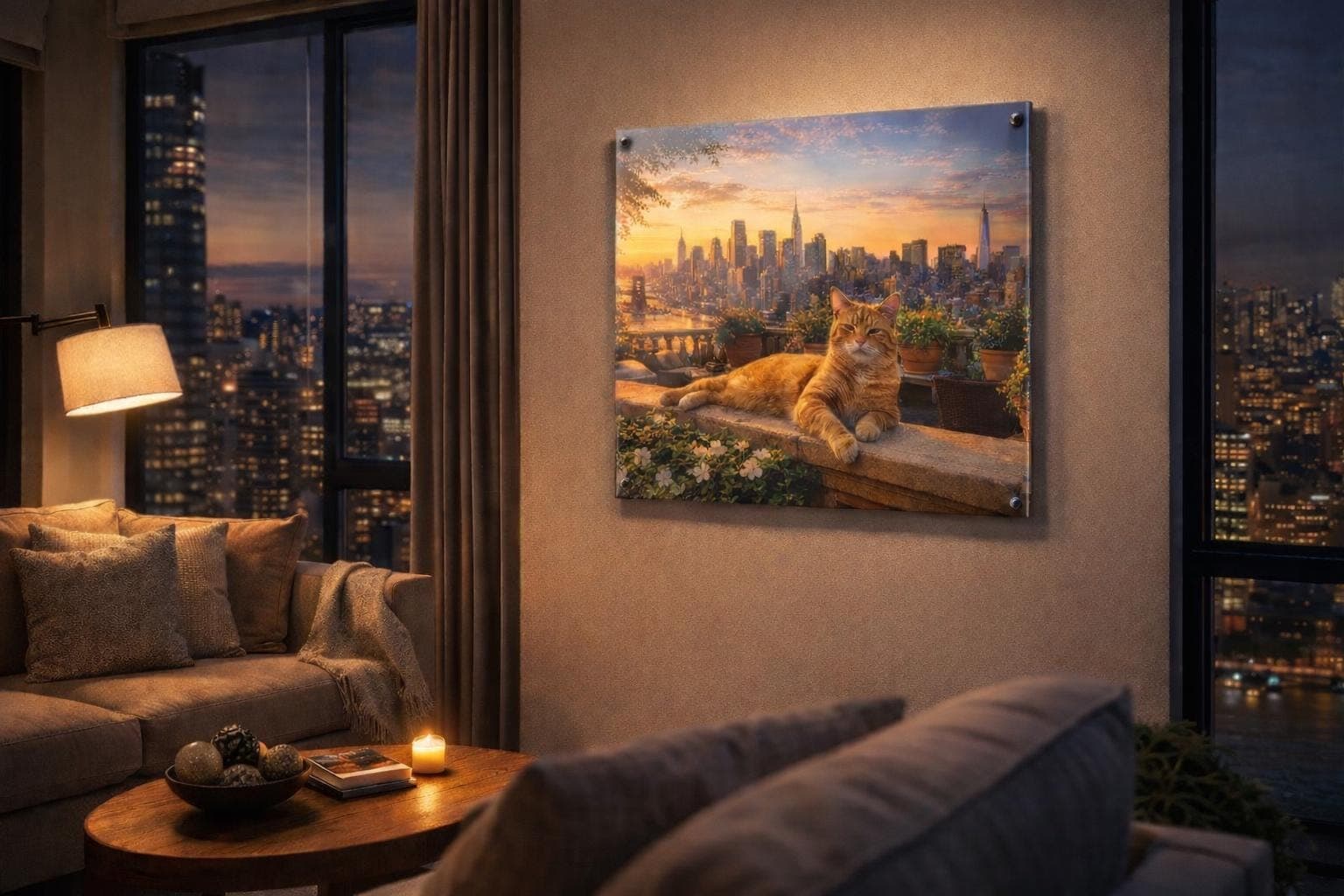 Ginger Cat NYC Rooftop Acrylic Print, Orange Tabby Sunset Skyline Artwork - image 5