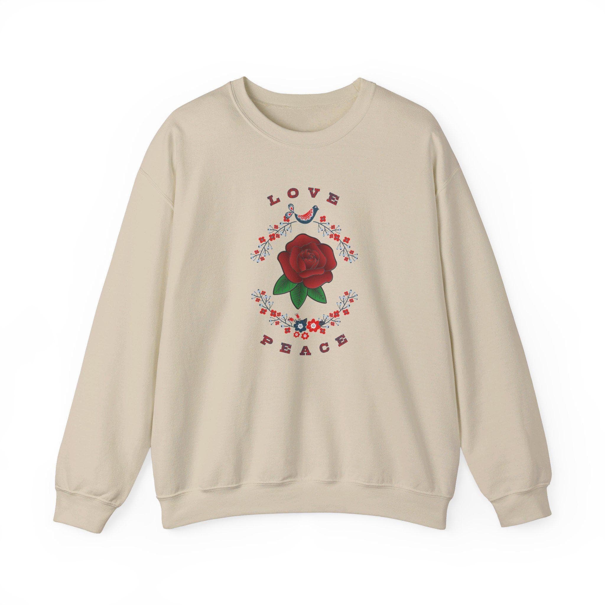 Love and Peace Floral Crewneck Sweatshirt - Red Rose Center Design - image 4