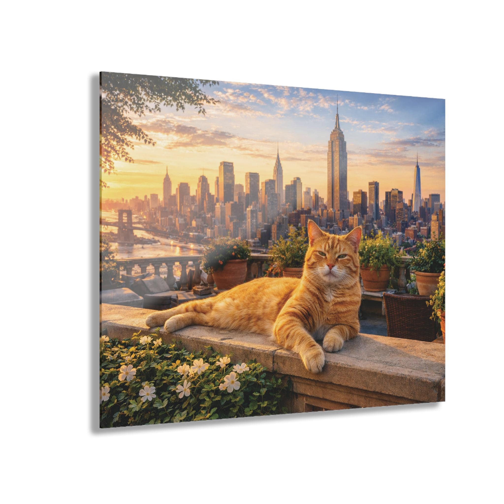 Ginger Cat NYC Rooftop Acrylic Print, Orange Tabby Sunset Skyline Artwork - image 2
