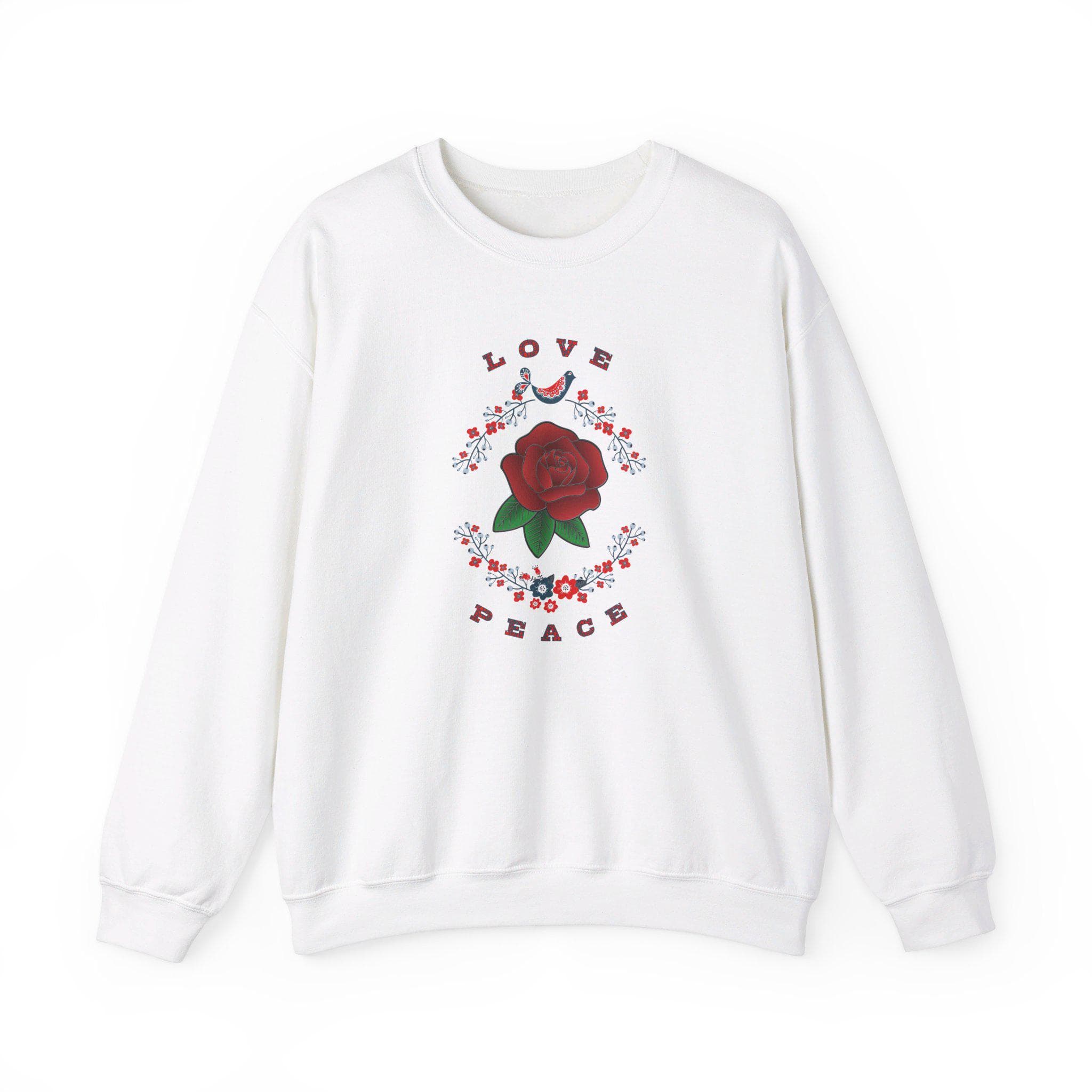 Love and Peace Floral  Crewneck Sweatshirt - Red Rose Center Design