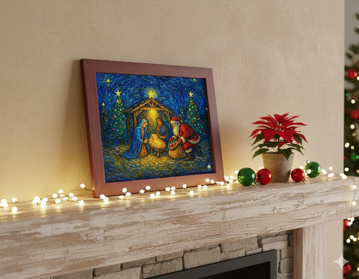 Santa at Nativity Scene Print | Christian Christmas Art (Digital Download) - image 5