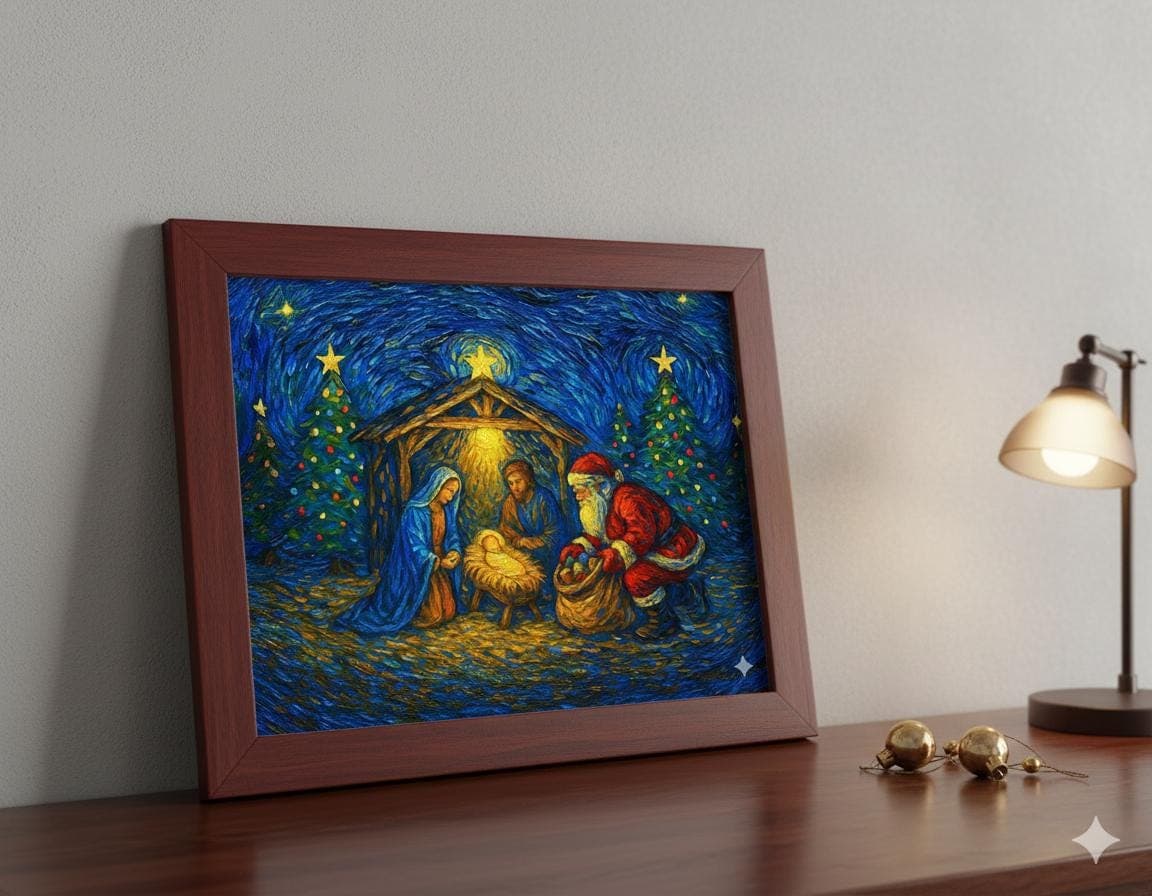 Santa at Nativity Scene Print | Christian Christmas Art (Digital Download) - image 3