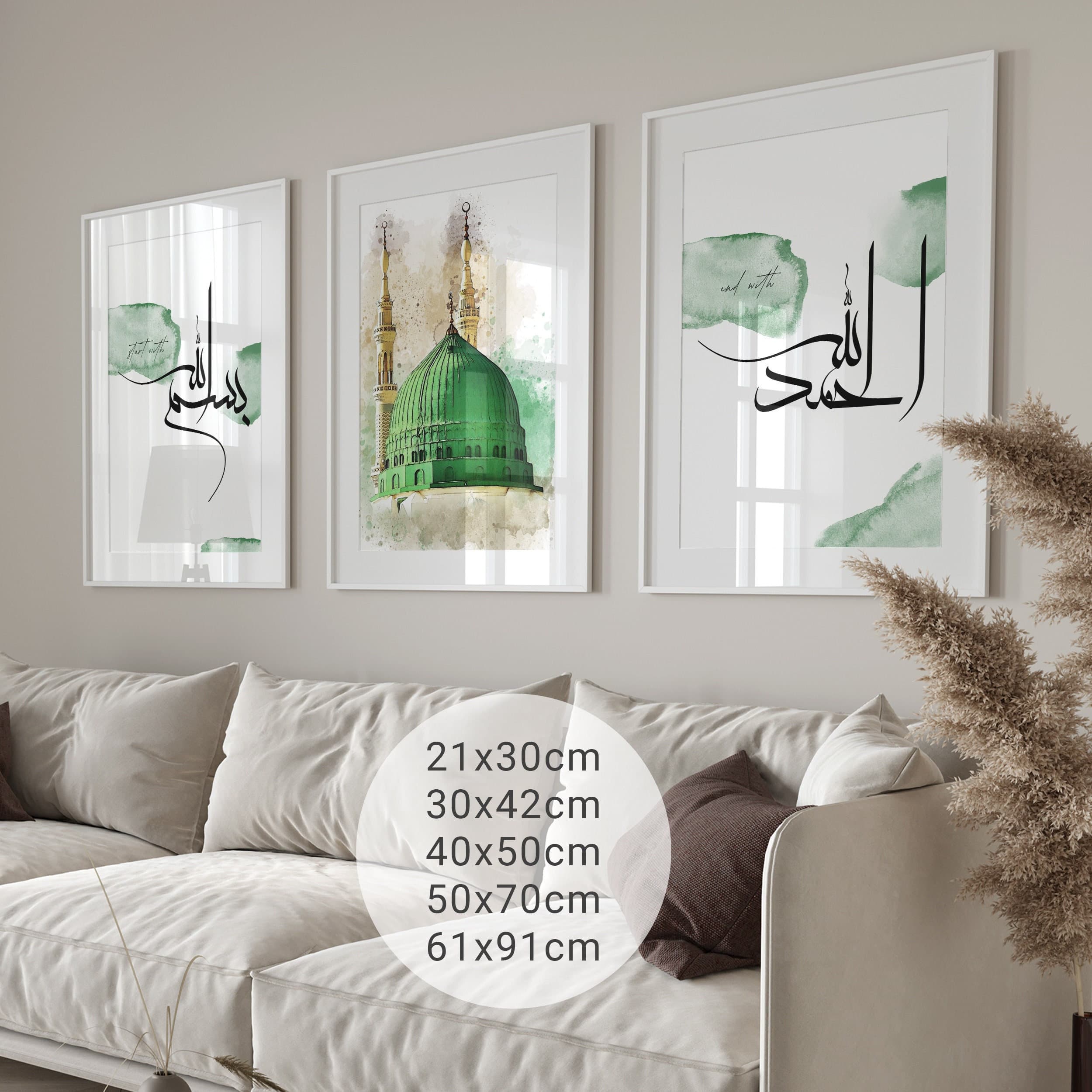 3er Islam Poster Set Green - Bismillah Alhamdulillah - Islamic Wall Art - Bilder Wohnzimmer - Wanddeko - Wandbehang - Plakat - Kunstdruck