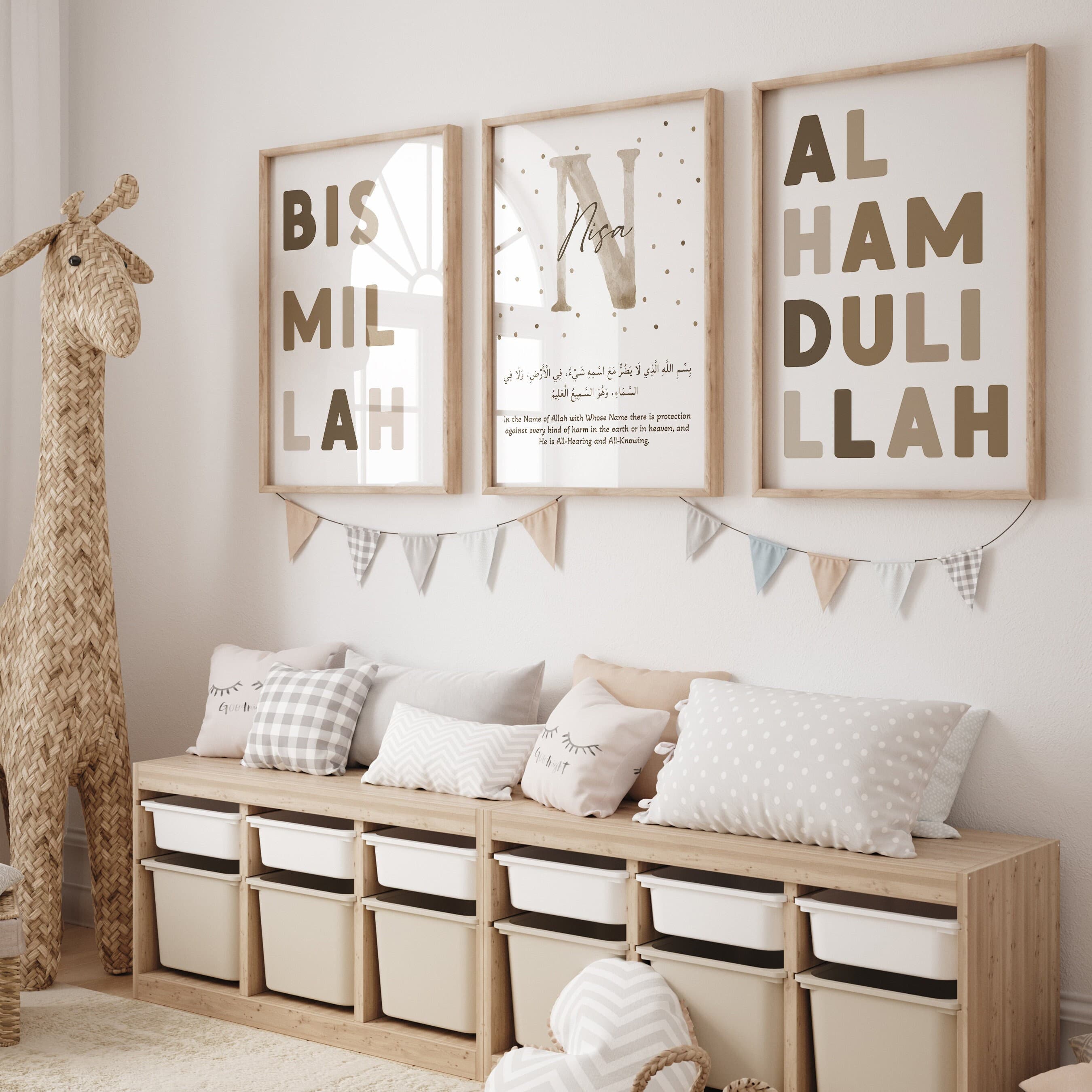 3x Initial Schutz Dua - Kinderzimmer Poster mit Namen Buchstaben - Islamic Art - Wandbilder - Geschenk zur Geburt - Alhamdulillah Bismillah