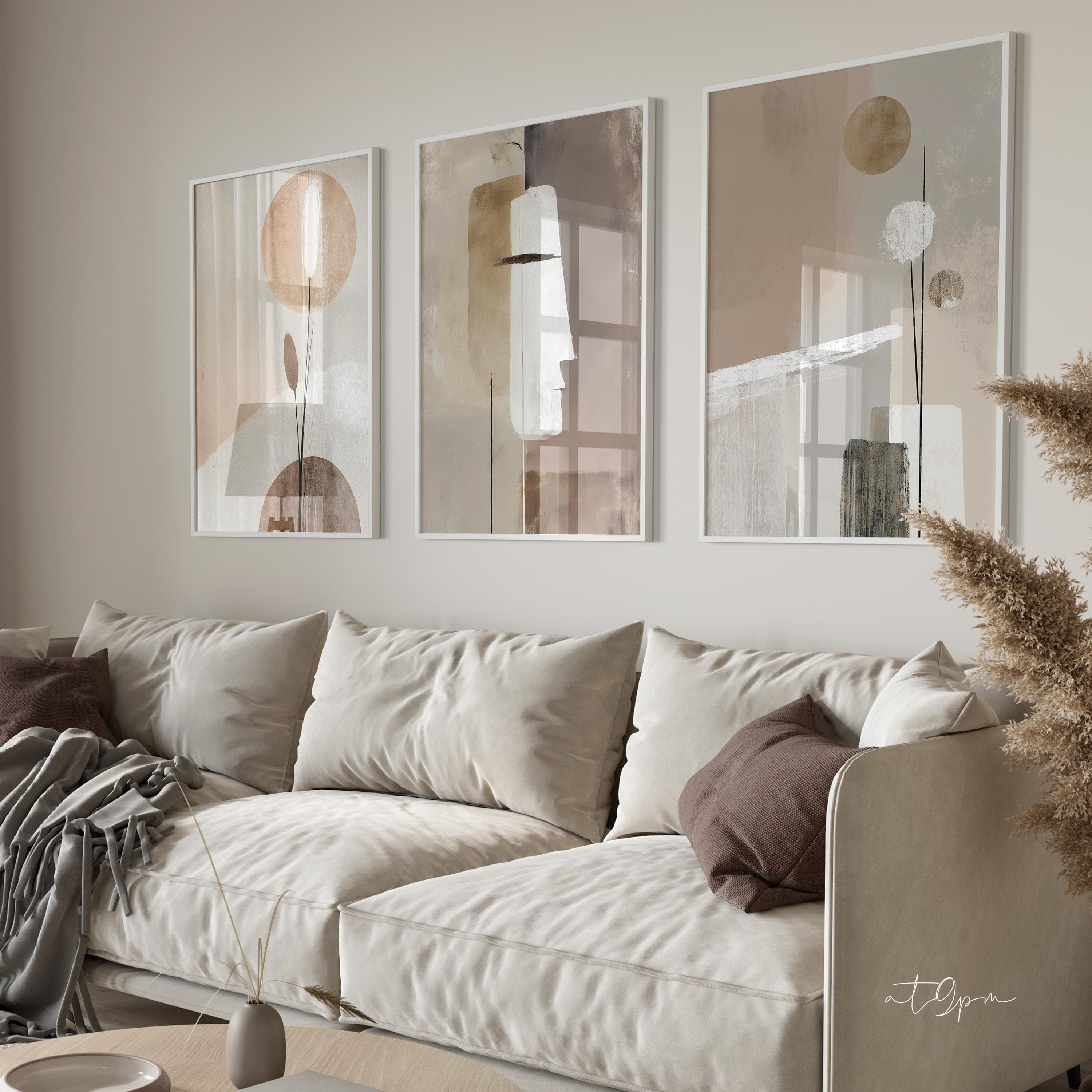 3er Set Minimalistische Wandkunst Poster, Abstrakte Formen & Linien, Premium mattes Fotopapier, Neutrale Töne, Boho Design fürs Wohnzimmer