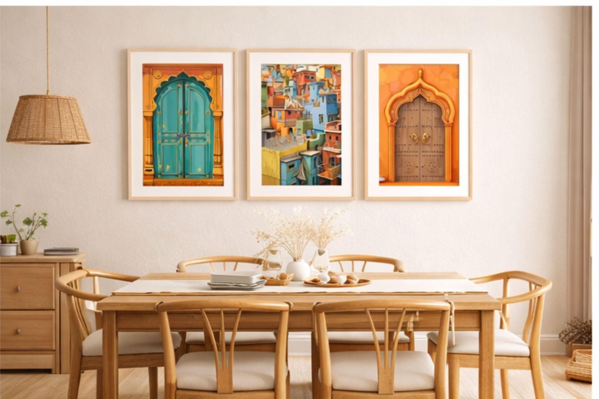 Indian Door Wall Art Set of 3, Framed Boho Wall Decor, Colorful Architectural Prints, Wooden Frame Living Room Art, Bedroom Wall Art - image 4