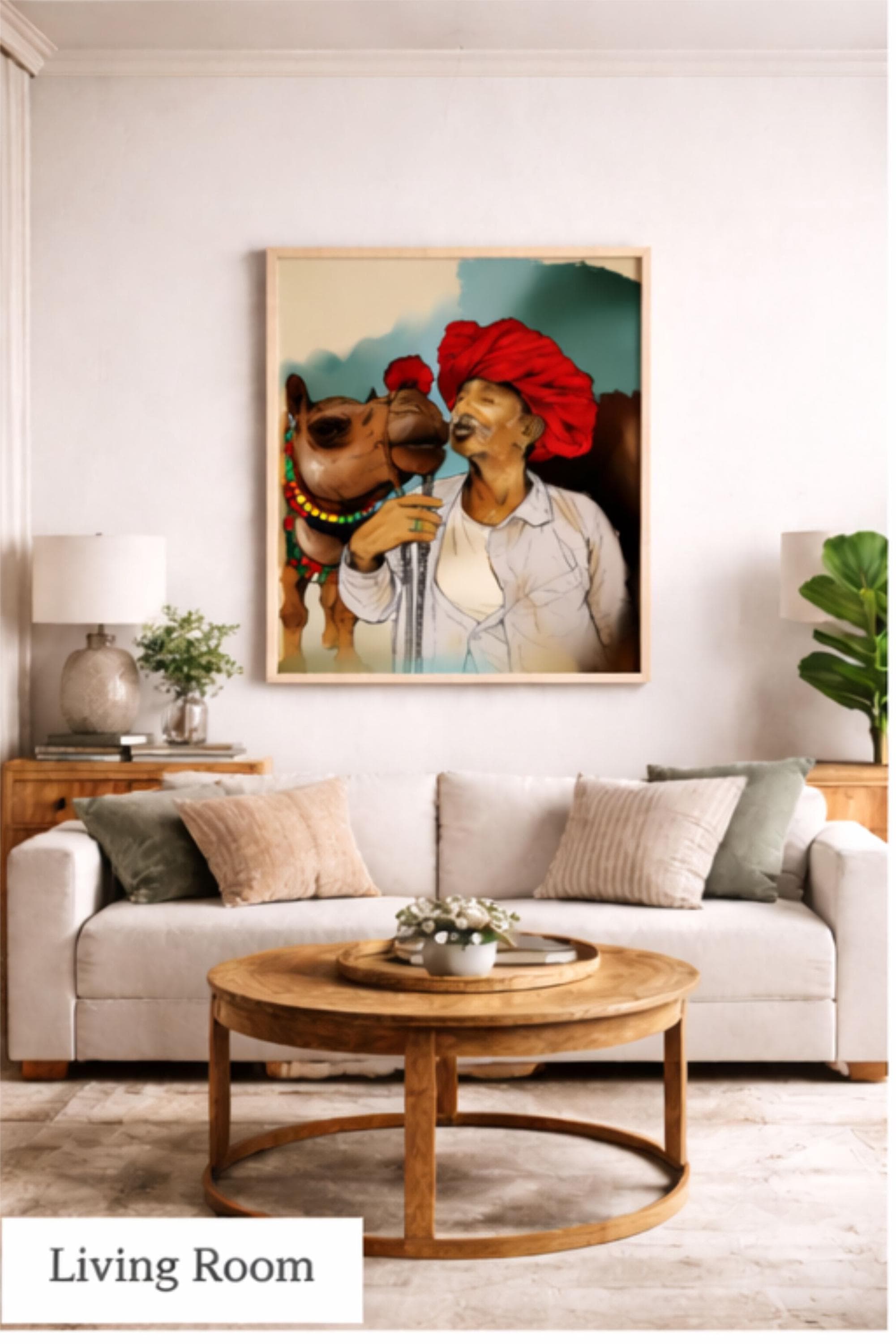 Rajasthani Camel Wall Art Canvas Print, Indian Rajasthan Culture Painting, Traditional Man Portrait Artwork, Rustic Boho Living Room Decor - image 5