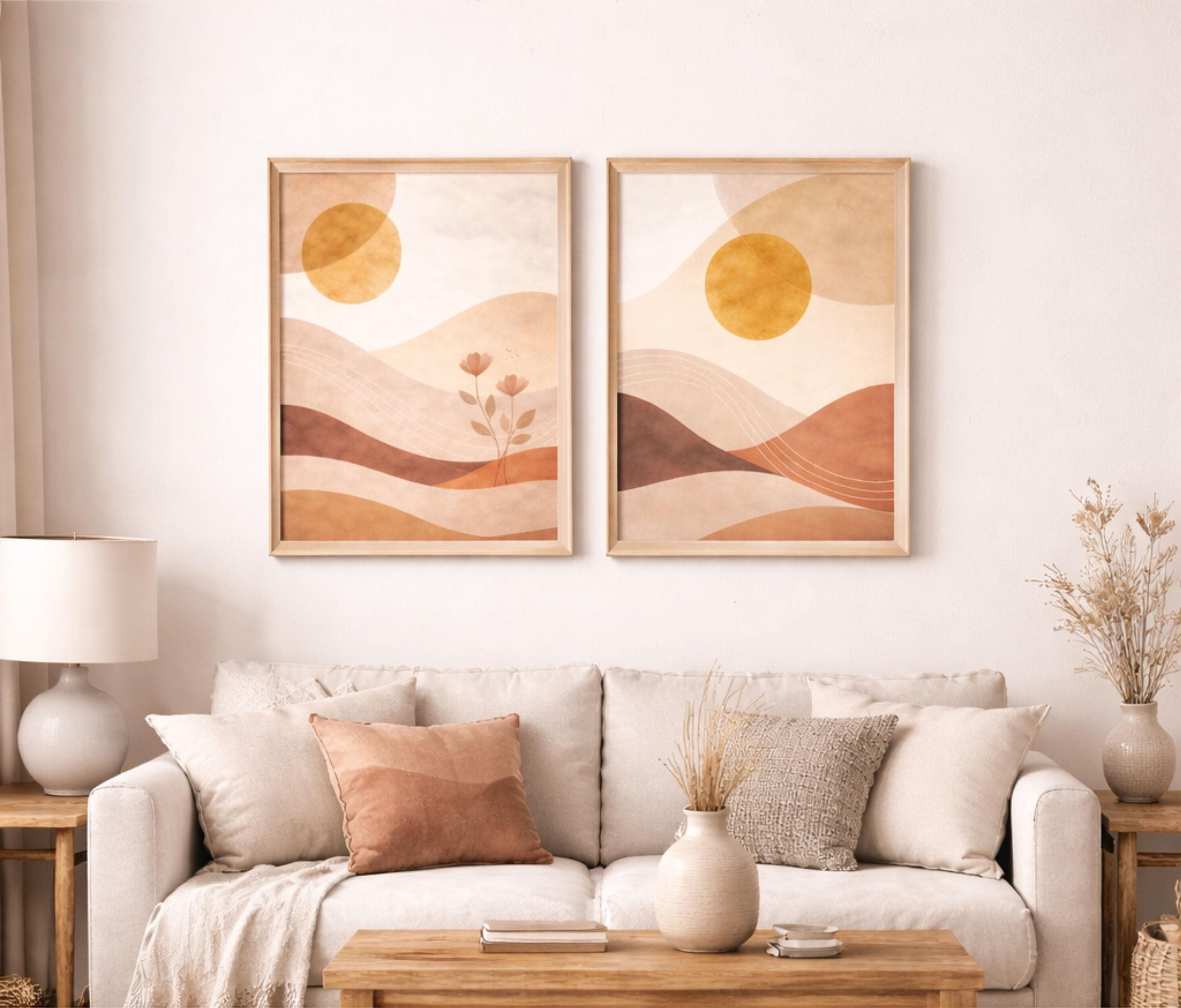 Japandi Wall Art Set of 2, Neutral Abstract Landscape Canvas Print, Minimalist Sun Terracotta Wall Decor, Modern Boho Living Room Wall Art - image 3