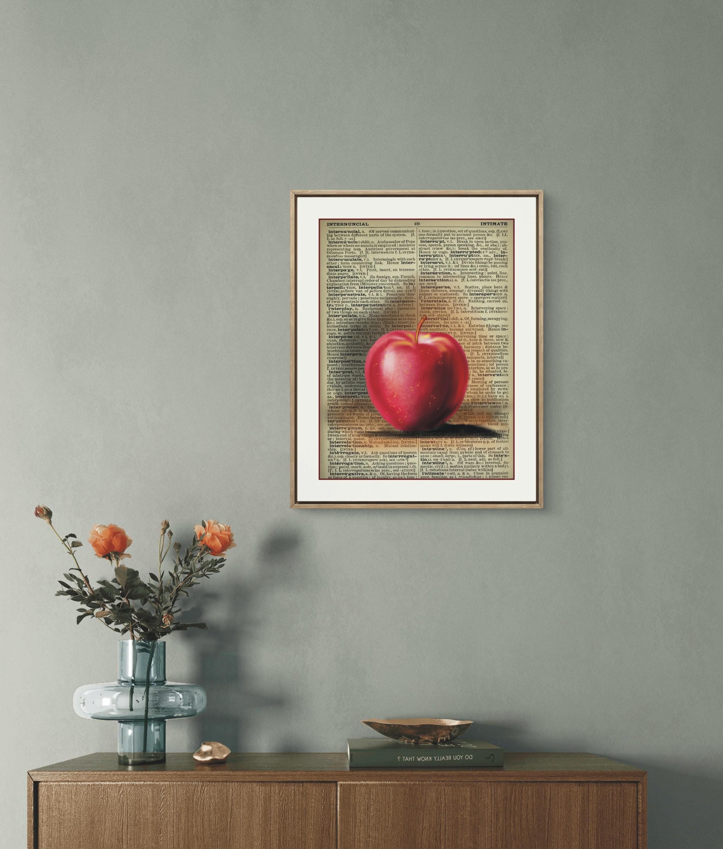 Red Apple Printable Art on Antique Book Page – Instant Download, Apple Illustration on Old Dictionary Page – Retro Printable Decor