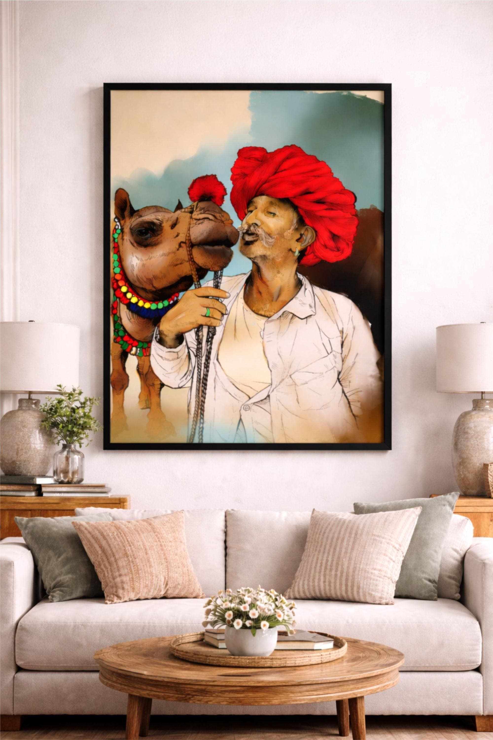 Rajasthani Camel Wall Art Canvas Print, Indian Rajasthan Culture Painting, Traditional Man Portrait Artwork, Rustic Boho Living Room Decor - image 4