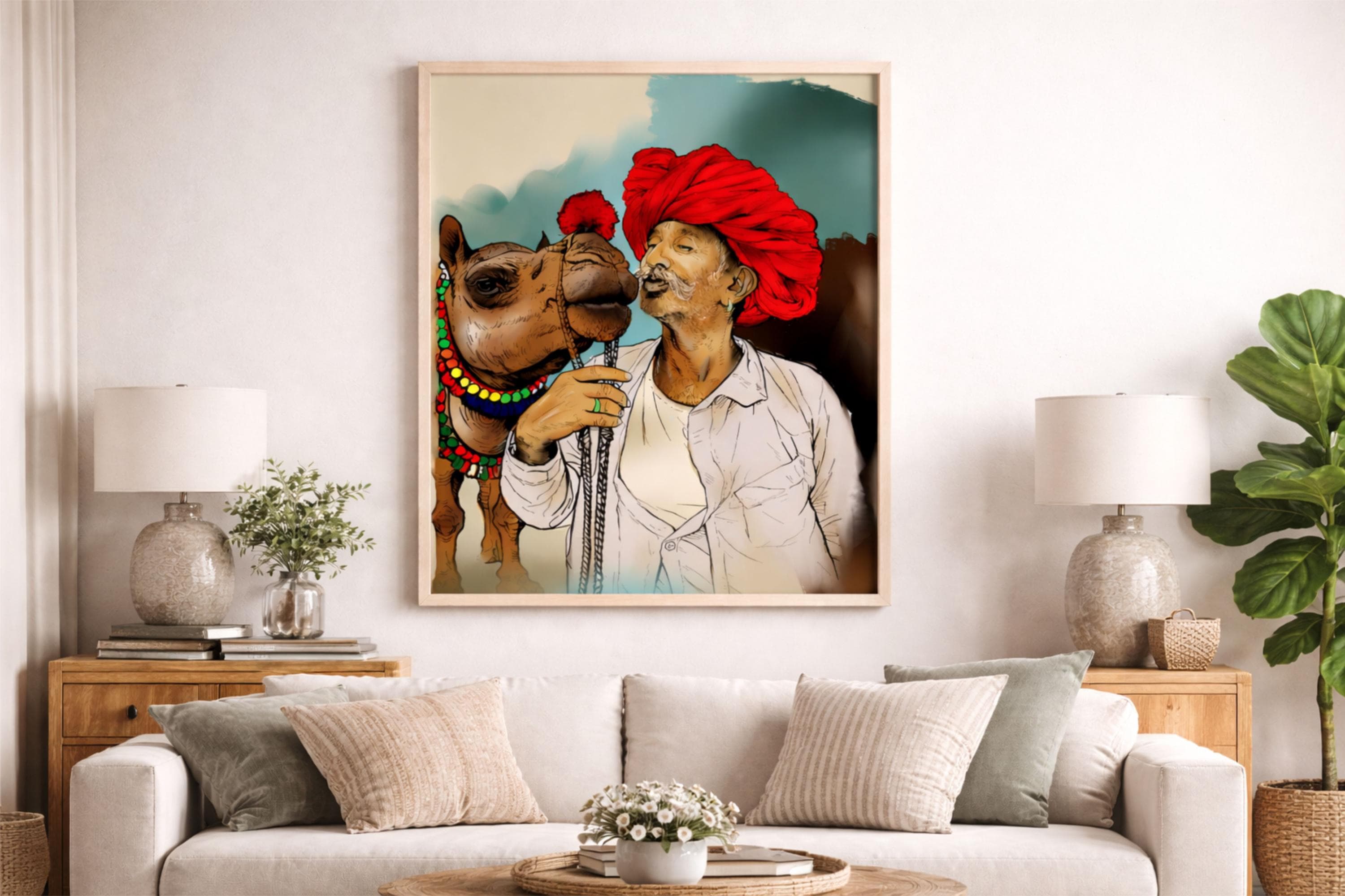 Rajasthani Camel Wall Art Canvas Print, Indian Rajasthan Culture Painting, Traditional Man Portrait Artwork, Rustic Boho Living Room Decor