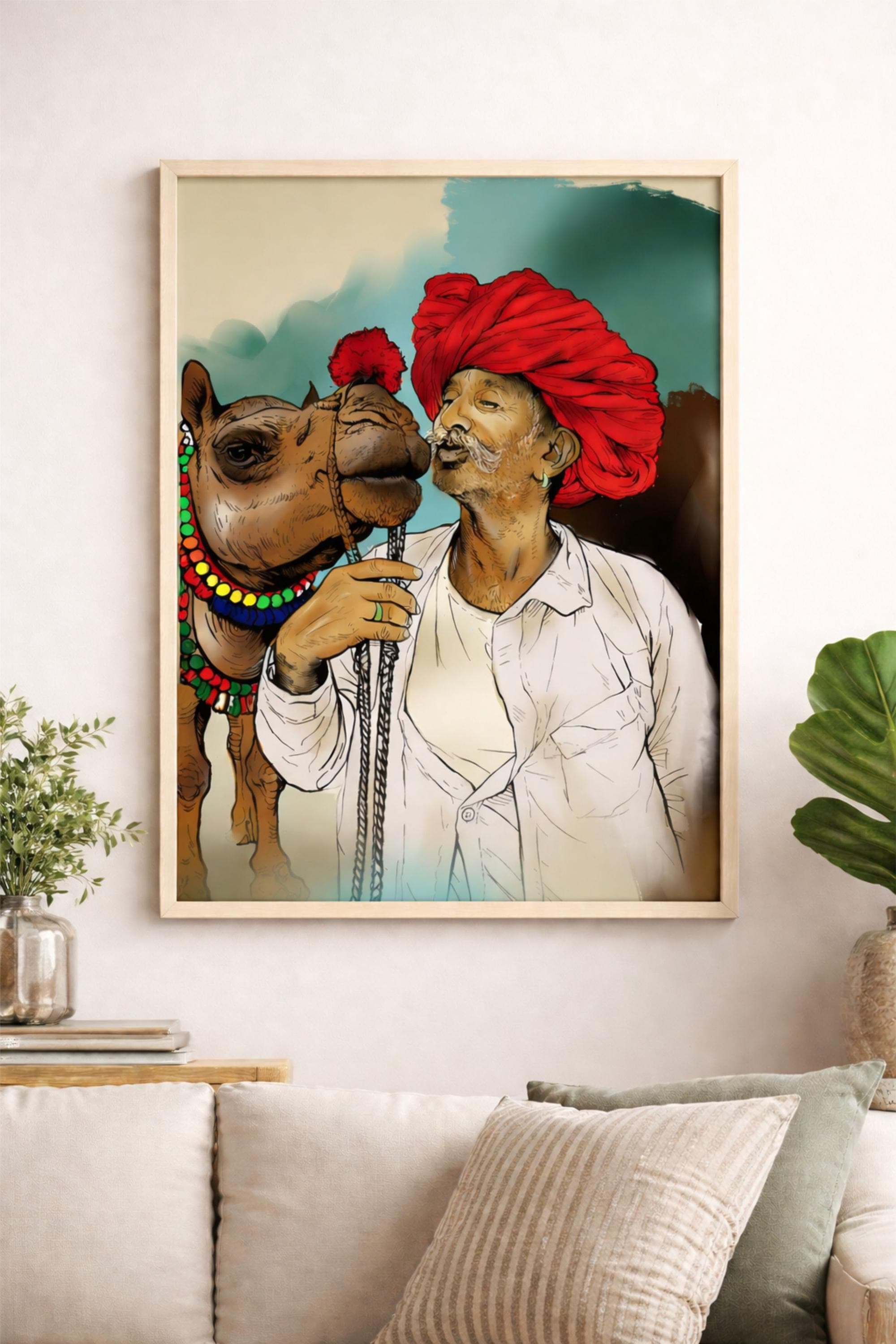 Rajasthani Camel Wall Art Canvas Print, Indian Rajasthan Culture Painting, Traditional Man Portrait Artwork, Rustic Boho Living Room Decor - image 3