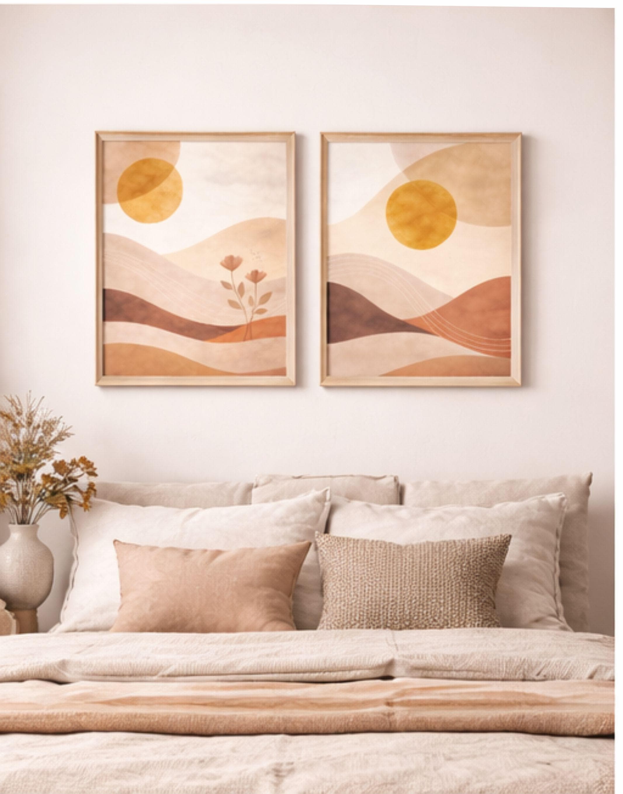 Japandi Wall Art Set of 2, Neutral Abstract Landscape Canvas Print, Minimalist Sun Terracotta Wall Decor, Modern Boho Living Room Wall Art - image 4