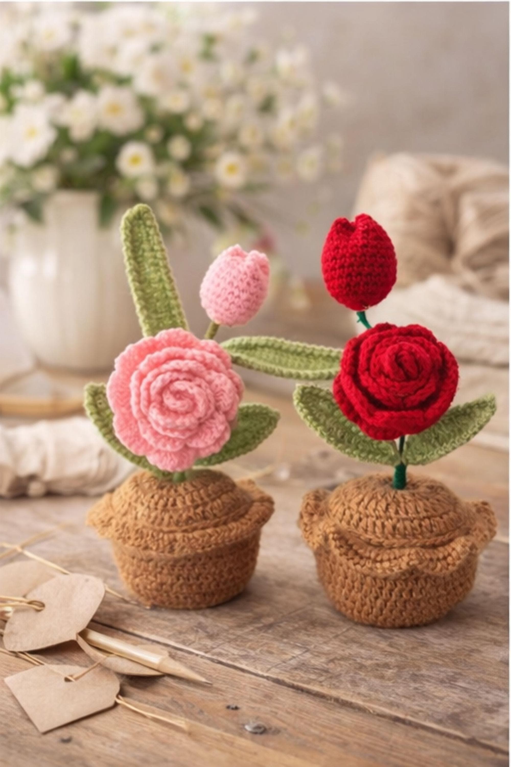 Crochet Flower Pot, Handmade Rose & Tulip Crochet Plant, Amigurumi Flower Decor, Cute Desk Decor, Crochet Flower Gift, Handmade Home Decor - image 5