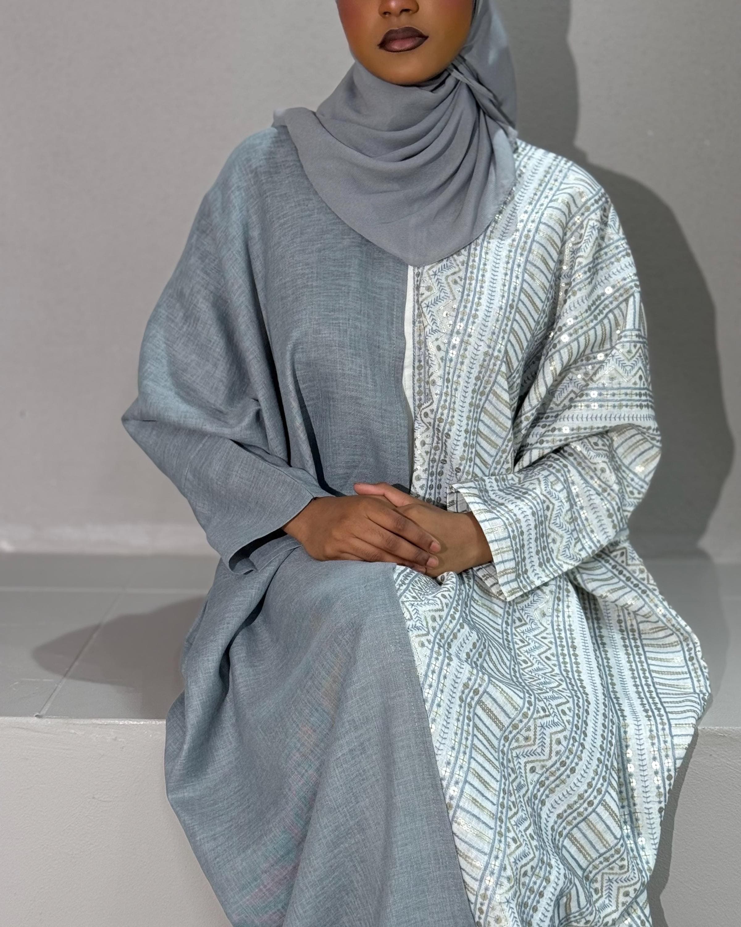 Half Embroidered Indian Linen Butterfly Abaya (Grey) - image 5