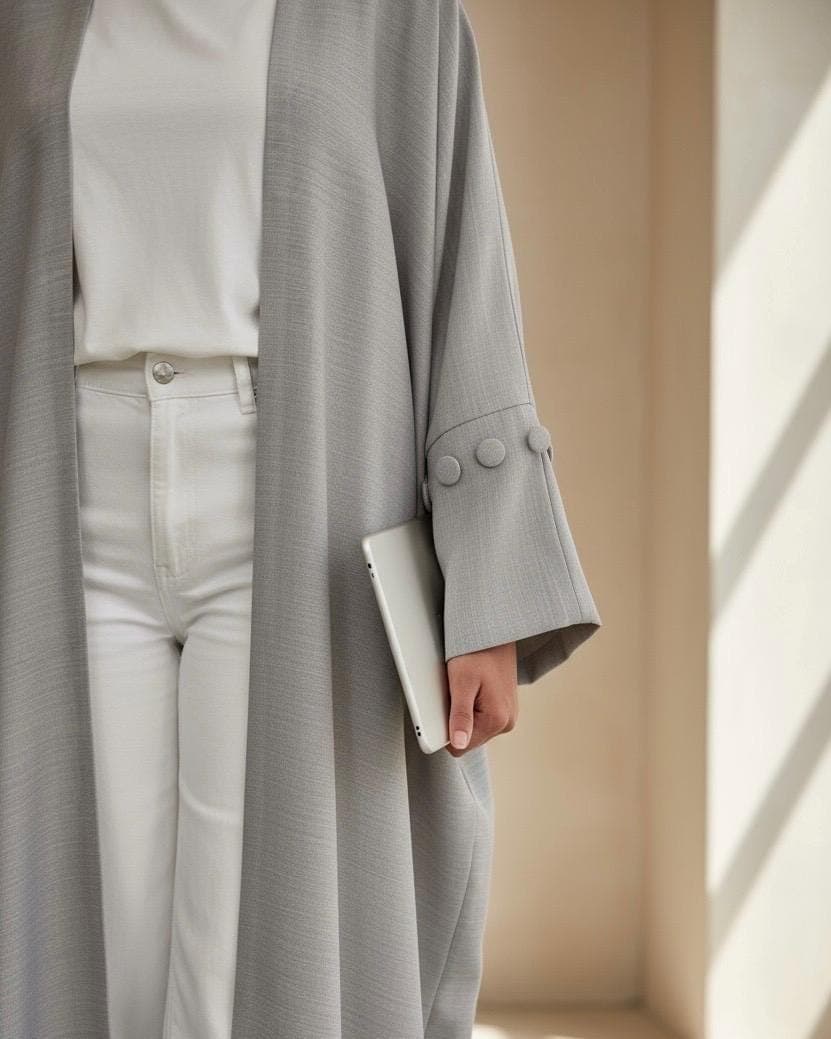 Minimalist Grey Linen Abaya | Button Sleeve Design (No Inner Dress) - image 3